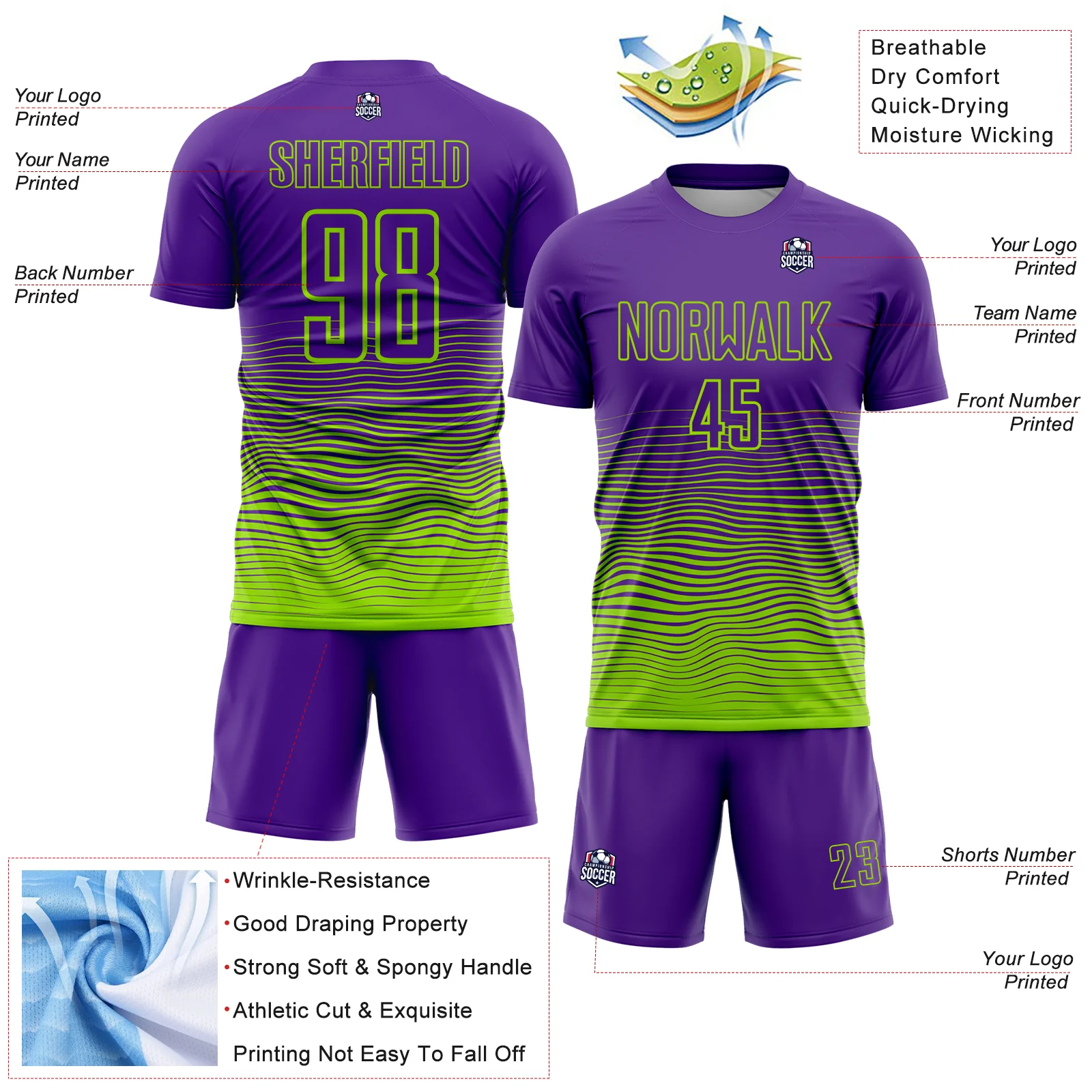 Custom Purple Neon Green Gradient Wave Line Sports Sublimation Soccer Uniform Jersey - Image 4