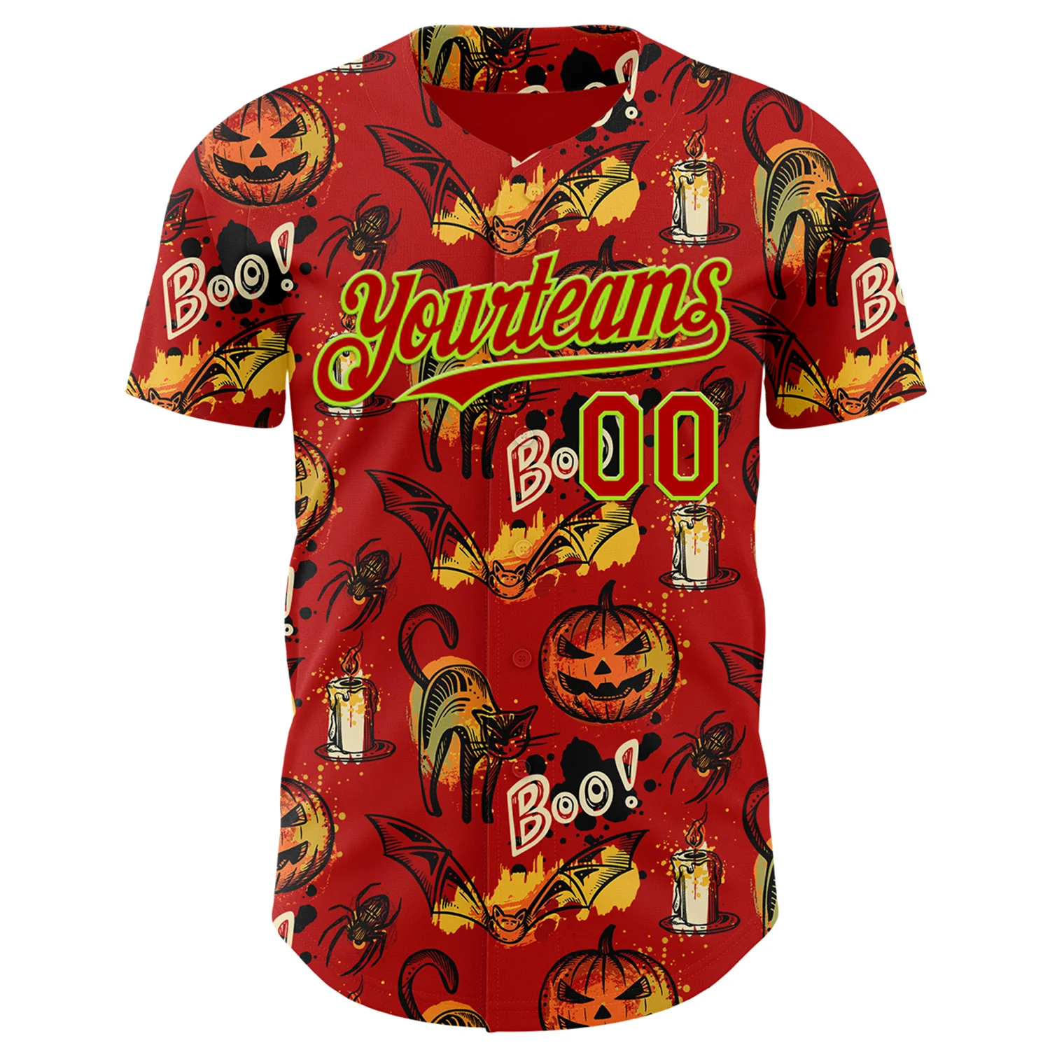 Custom Red Neon Green 3D Halloween Pumpkin Doodle Party Costume Ideas Authentic Baseball Jersey - Image 2