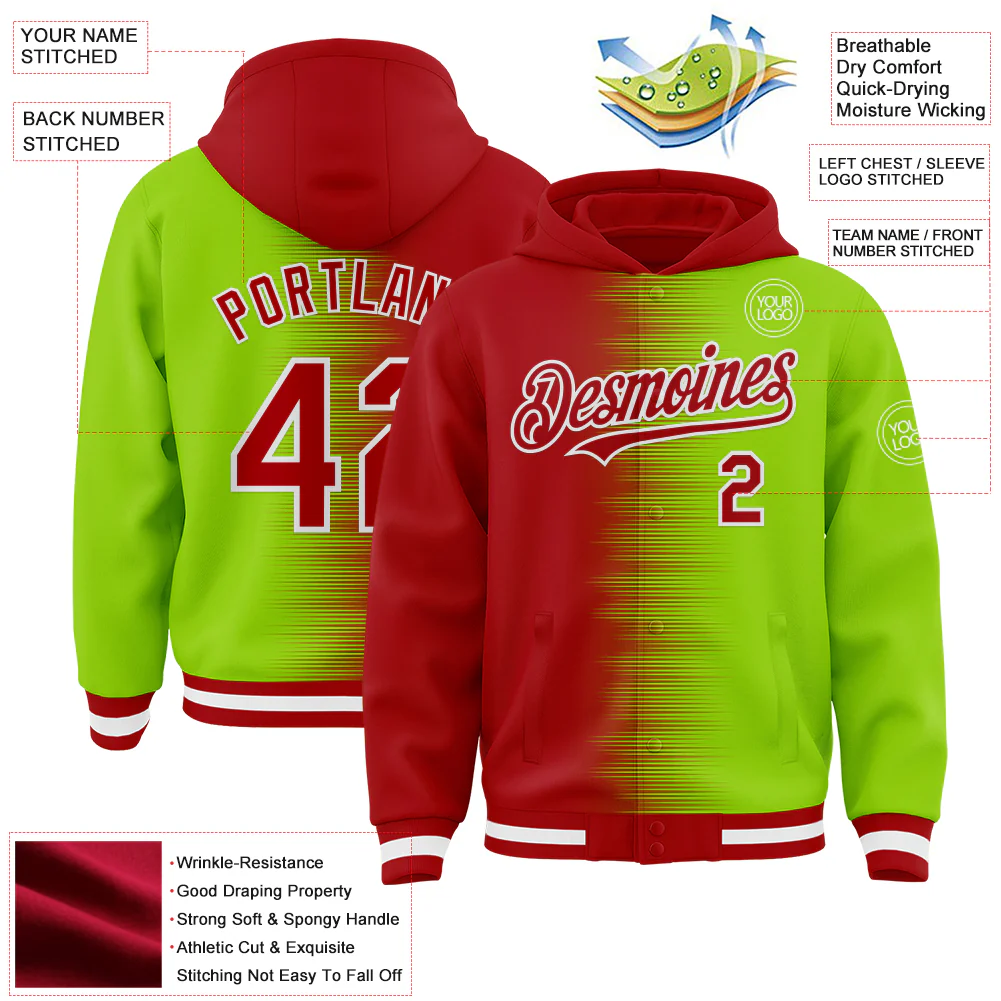 Custom Red Neon Green-White Gradient Line Bomber Full-Snap Varsity Letterman Hoodie Jacket - Image 4