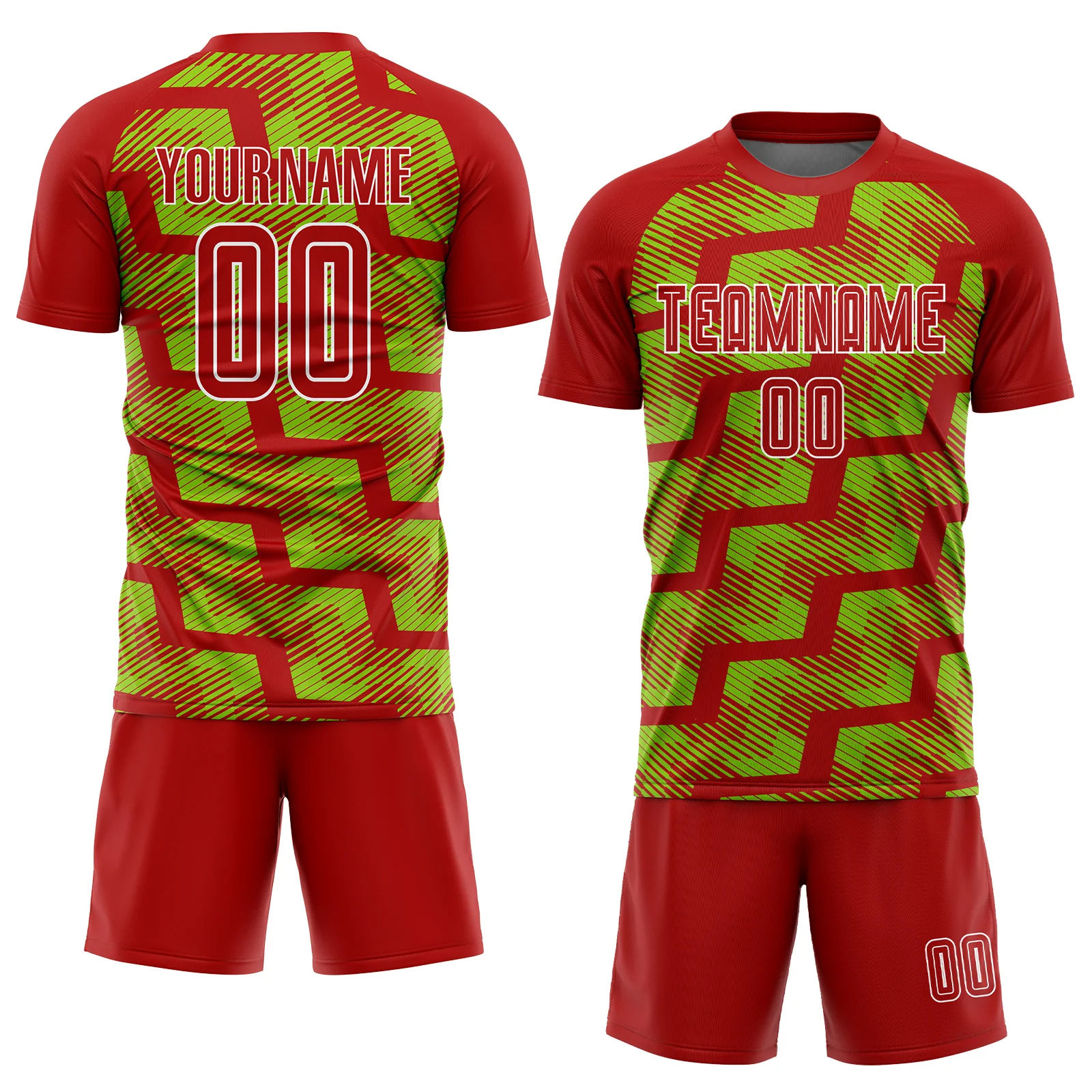 Custom Red Neon Green-White Line Sublimation Soccer Uniform Jersey - Image 2