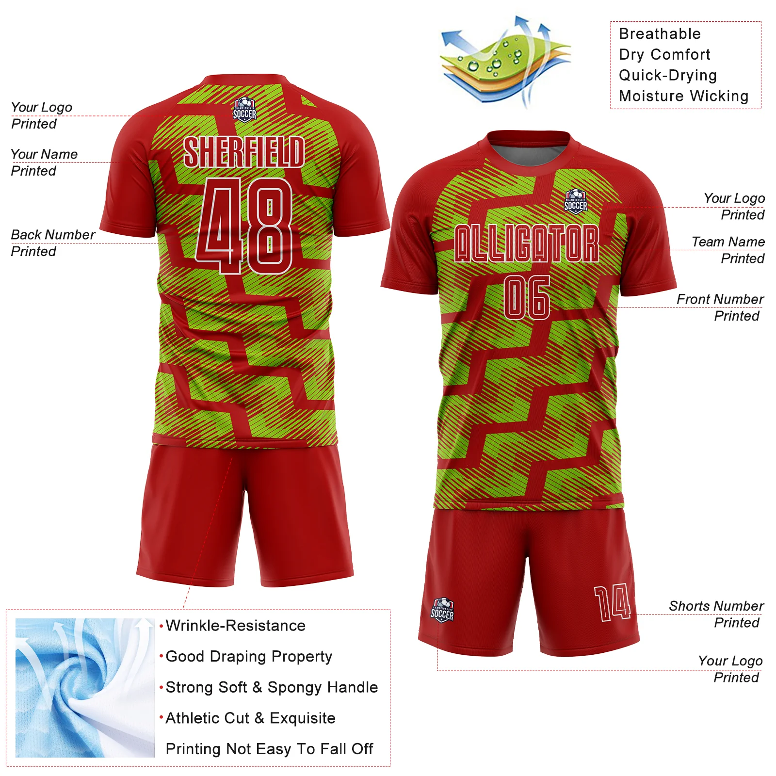Custom Red Neon Green-White Line Sublimation Soccer Uniform Jersey - Image 4