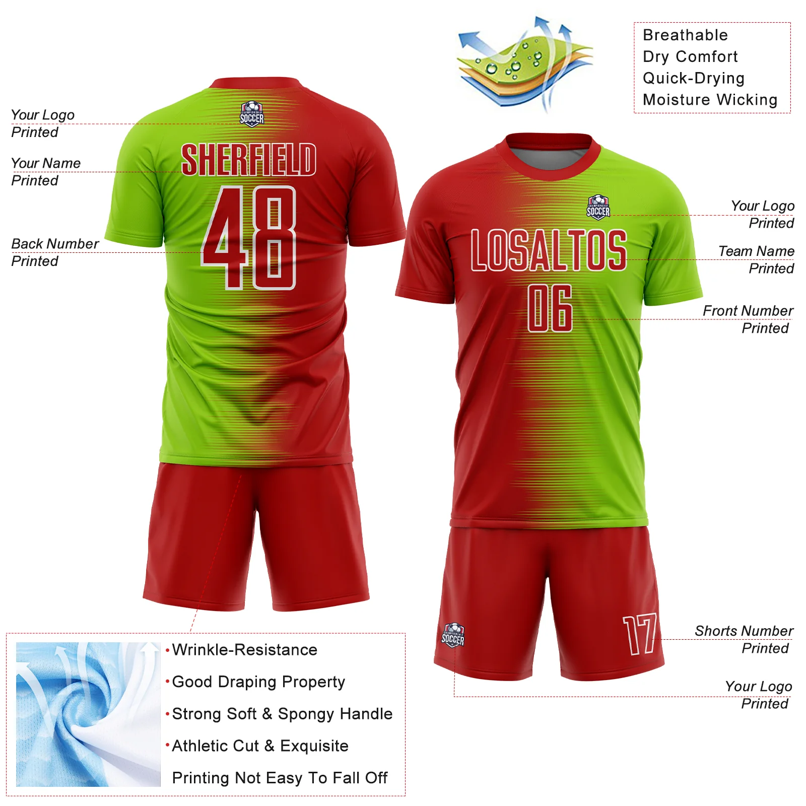 Custom Red Neon Green-White Gradient Line Sublimation Soccer Uniform Jersey - Image 4