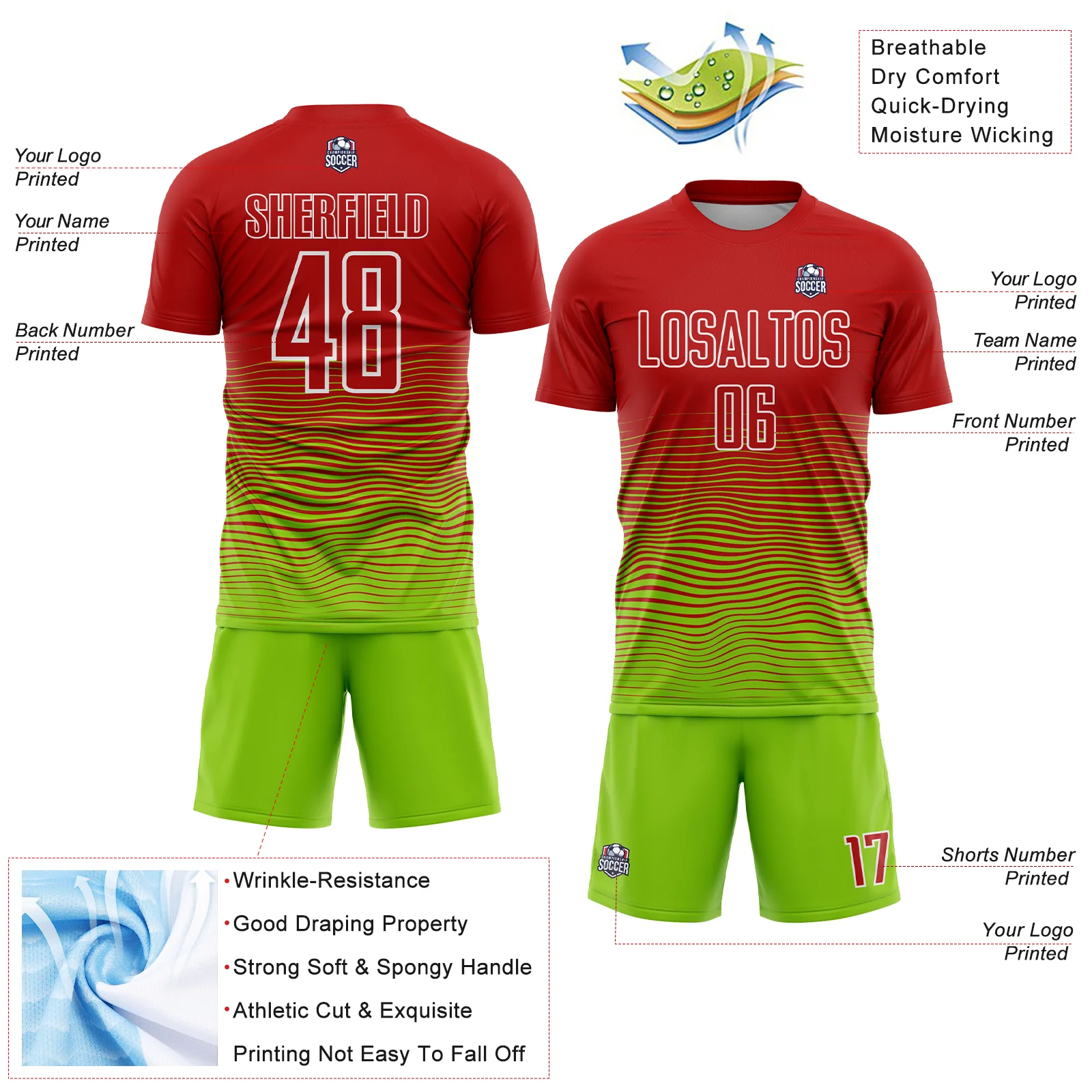 Custom Red Neon Green-White Gradient Line Sublimation Soccer Uniform Jersey - Image 4