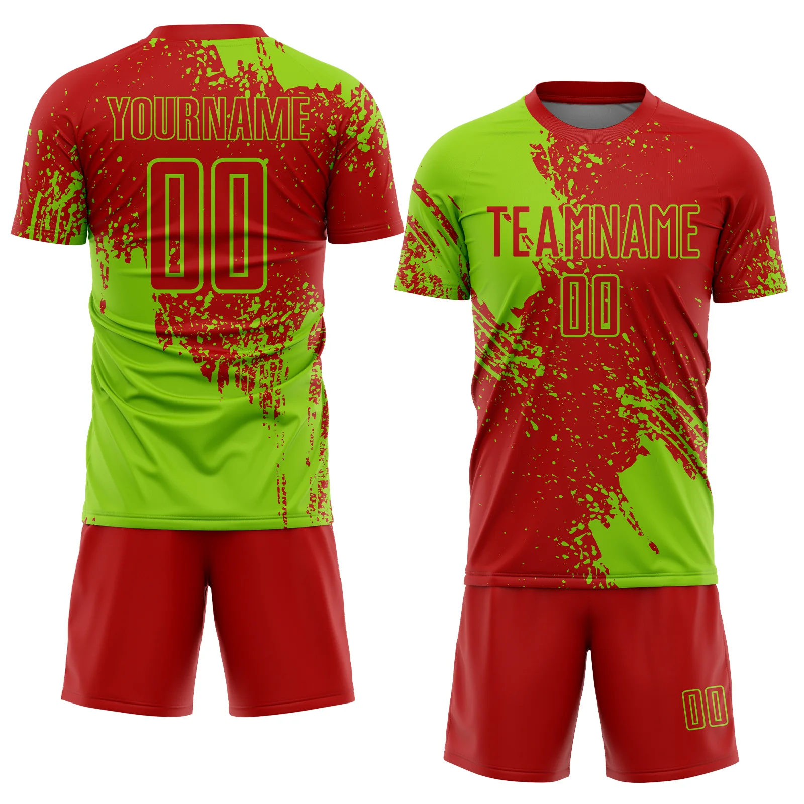 Custom Red Neon Green Abstract Brush Stroke Sports Sublimation Soccer Uniform Jersey - Image 2