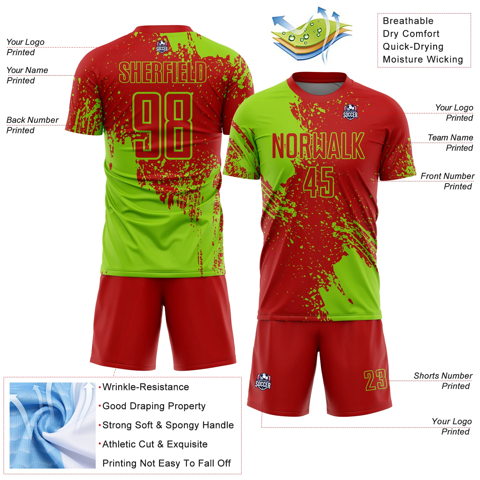 Custom Red Neon Green Abstract Brush Stroke Sports Sublimation Soccer Uniform Jersey - Image 4