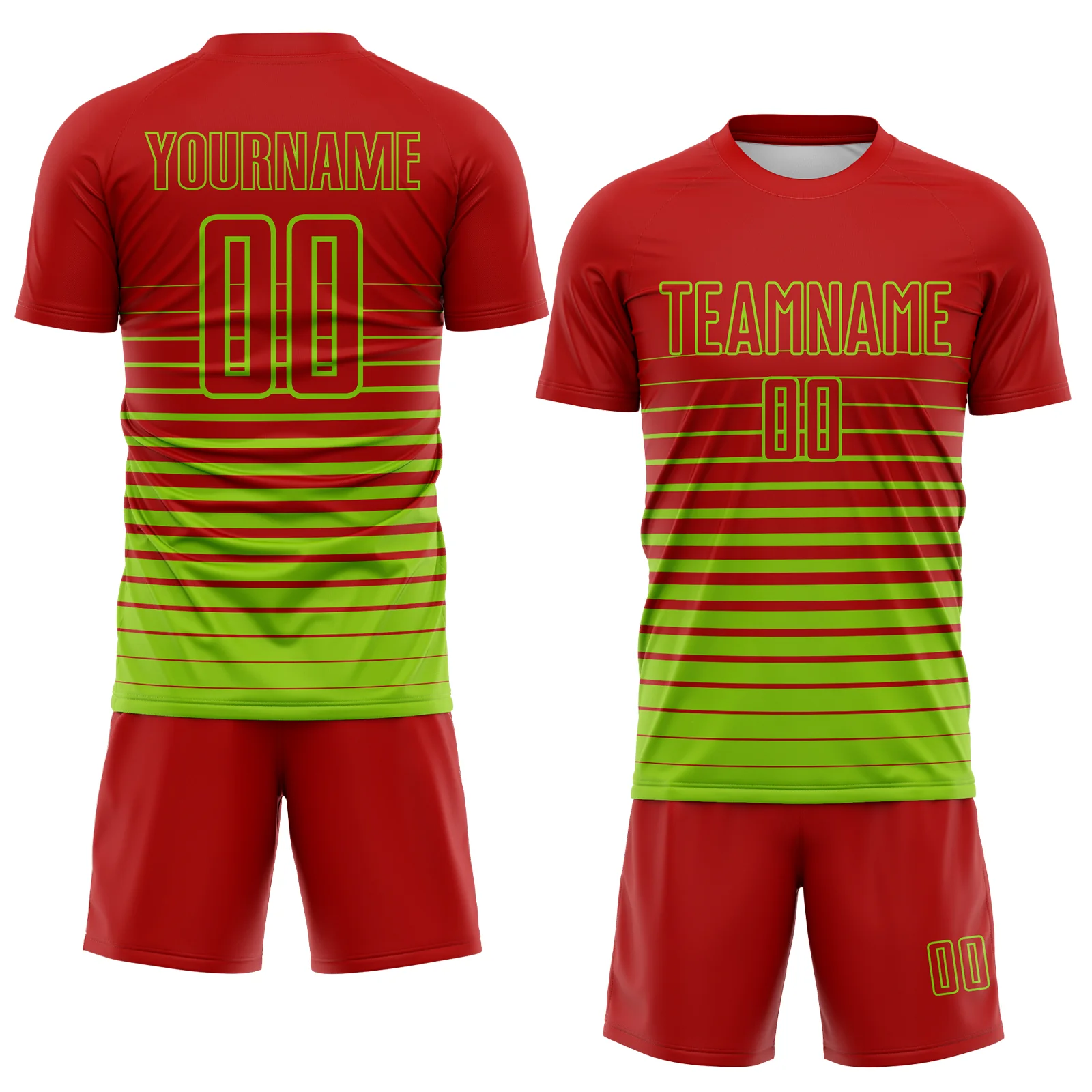 Custom Red Neon Green Gradient Pinstripe Sublimation Soccer Uniform Jersey - Image 2