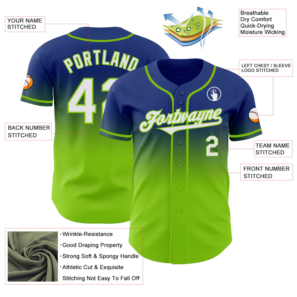 Custom Royal White-Neon Green Authentic Fade Fashion Baseball Jersey - Image 3