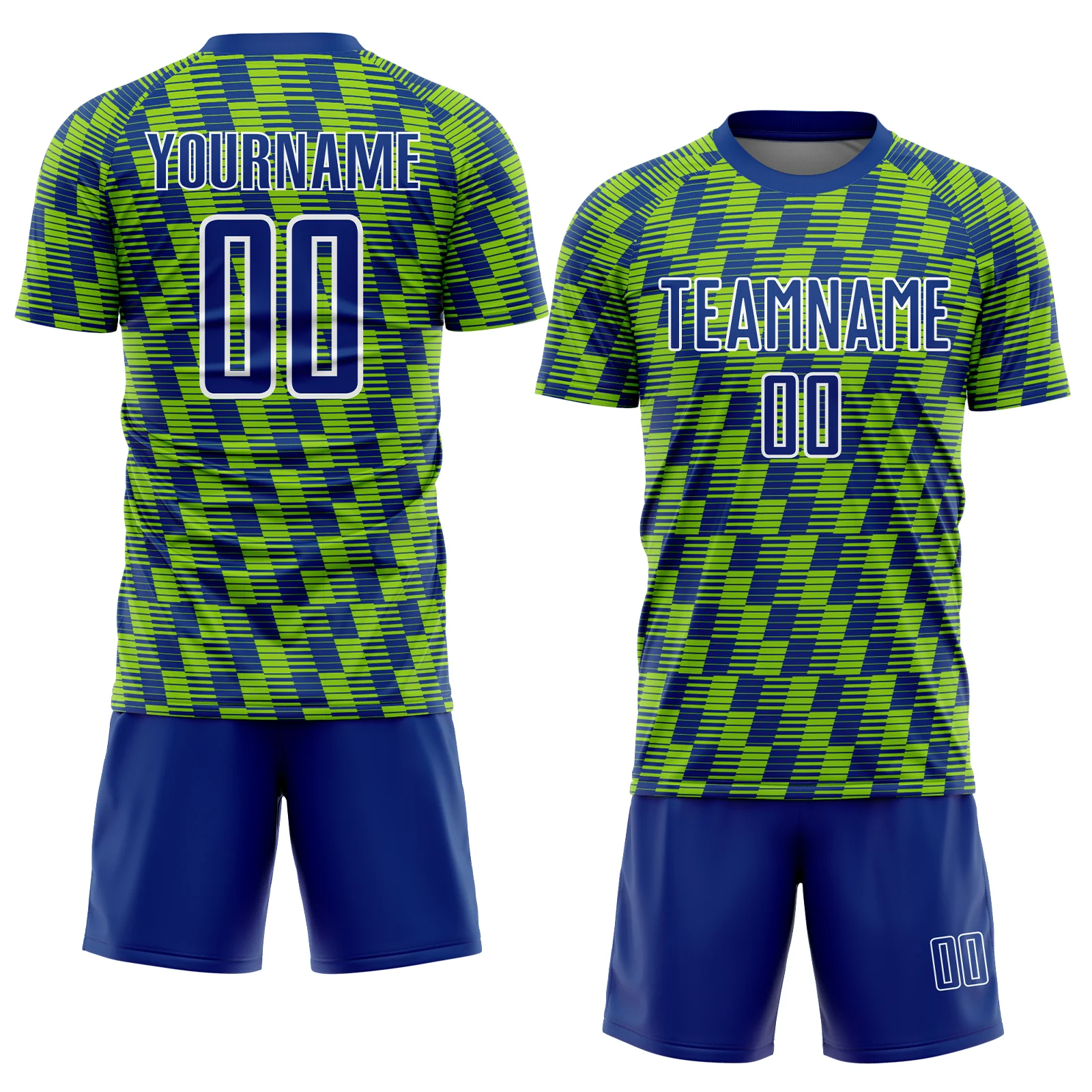 Custom Royal Neon Green-White Line Sublimation Soccer Uniform Jersey - Image 2