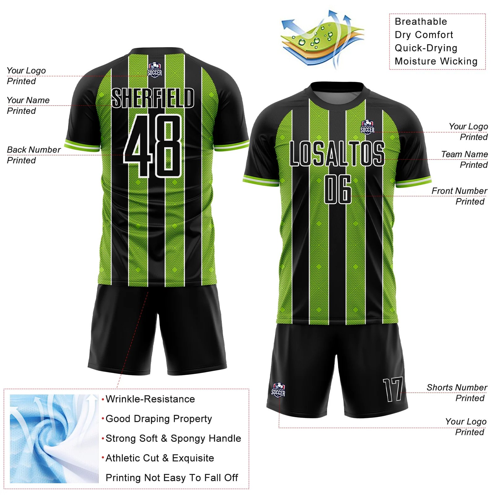 Custom Black Neon Green-White Pinstripe Line Sports Sublimation Soccer Uniform Jersey - Image 4