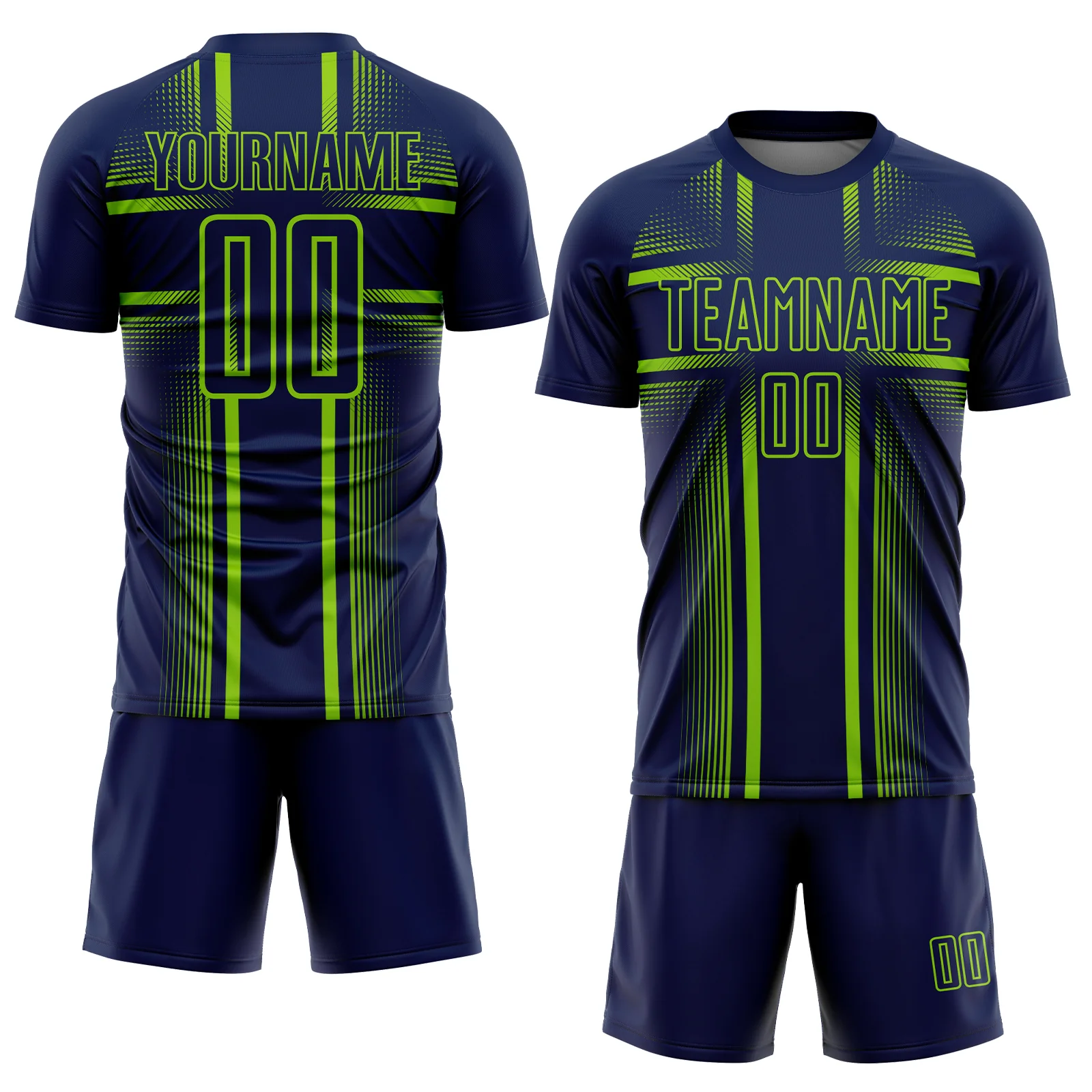 Custom Navy Neon Green-White Lines Sublimation Soccer Uniform Jersey - Image 2