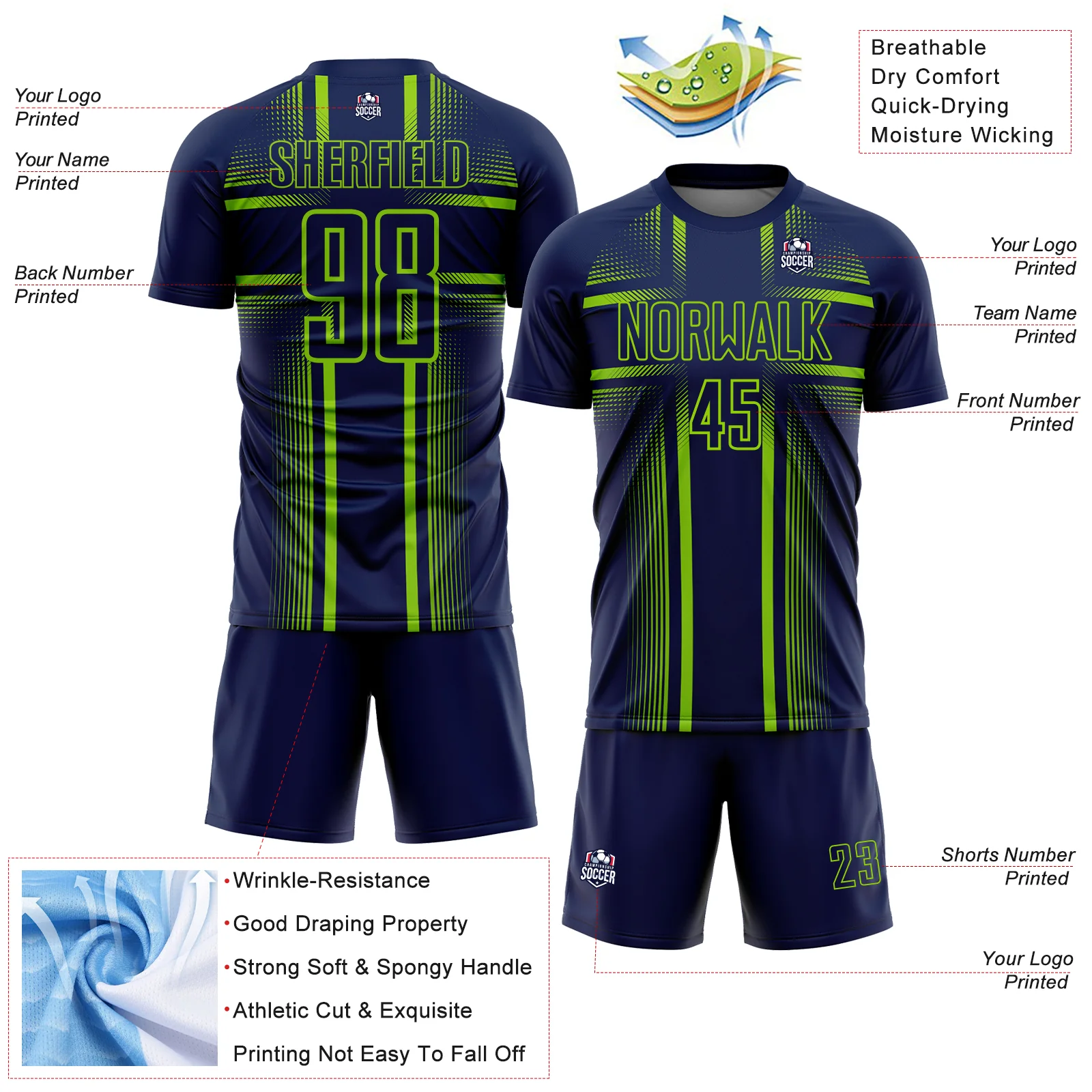 Custom Navy Neon Green-White Lines Sublimation Soccer Uniform Jersey - Image 4