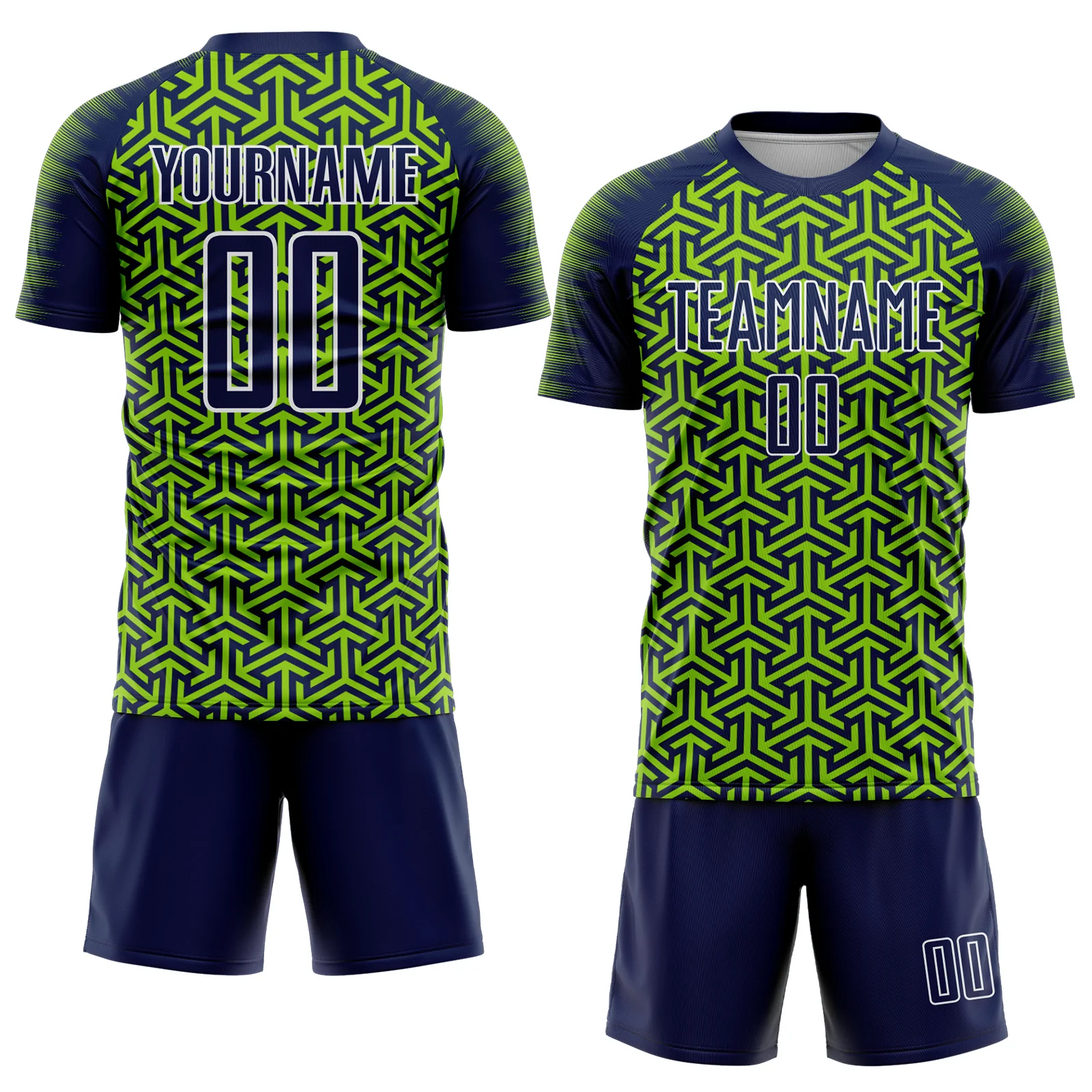 Custom Navy Neon Green-White Geometric Arrow Sublimation Soccer Uniform Jersey - Image 2
