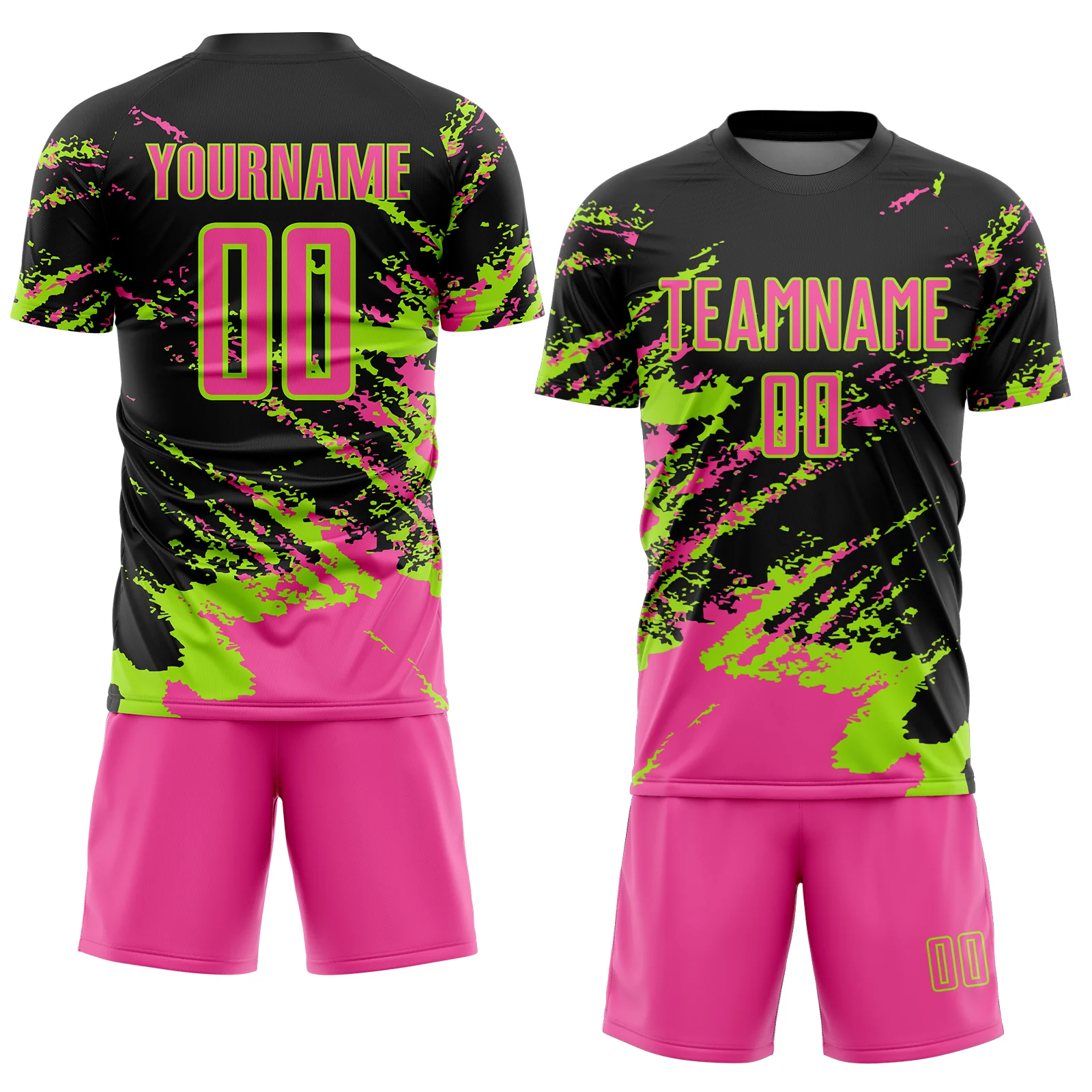 Custom Black Pink-Neon Green Abstract Fragment Art Splash Sports Sublimation Soccer Uniform Jersey - Image 2