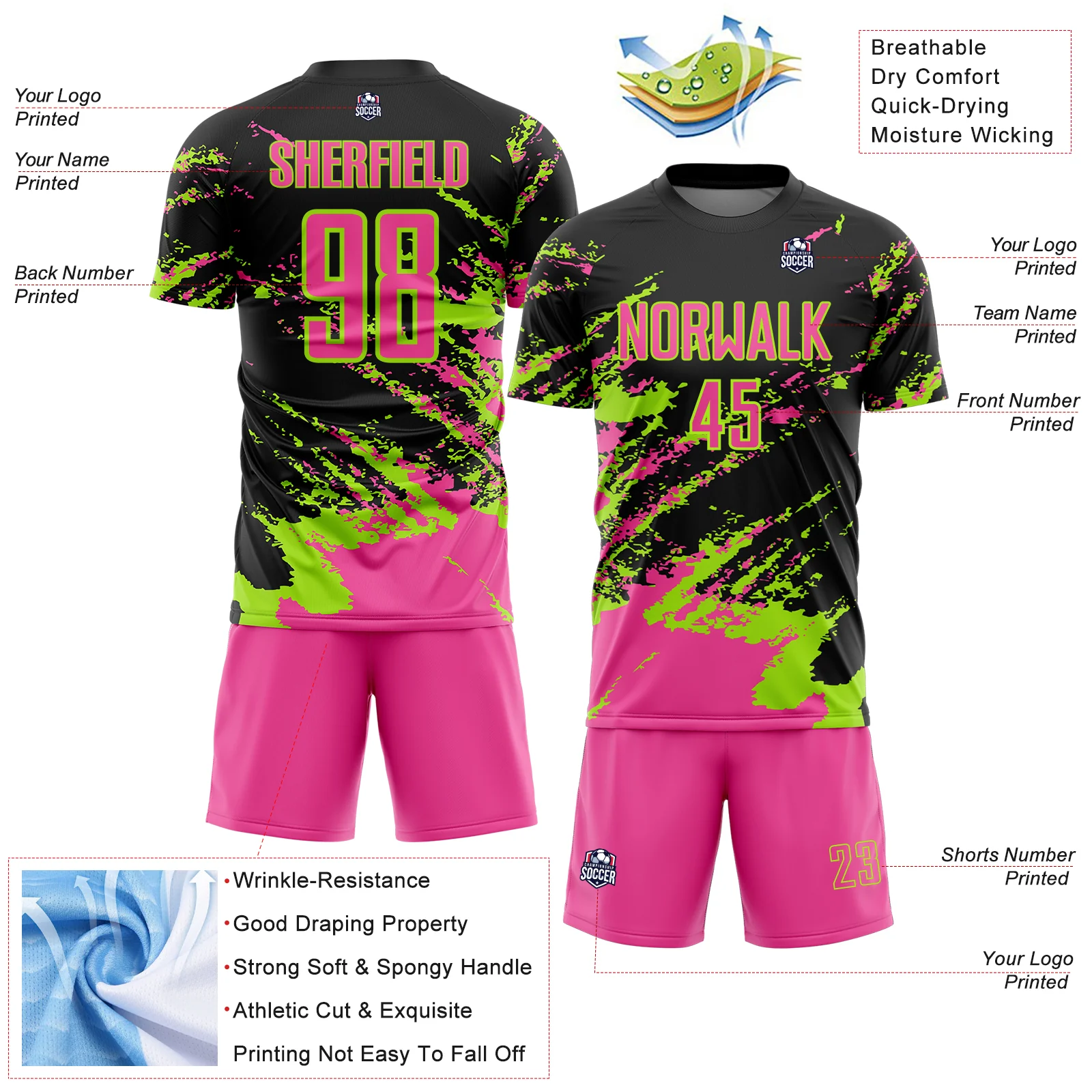 Custom Black Pink-Neon Green Abstract Fragment Art Splash Sports Sublimation Soccer Uniform Jersey - Image 4