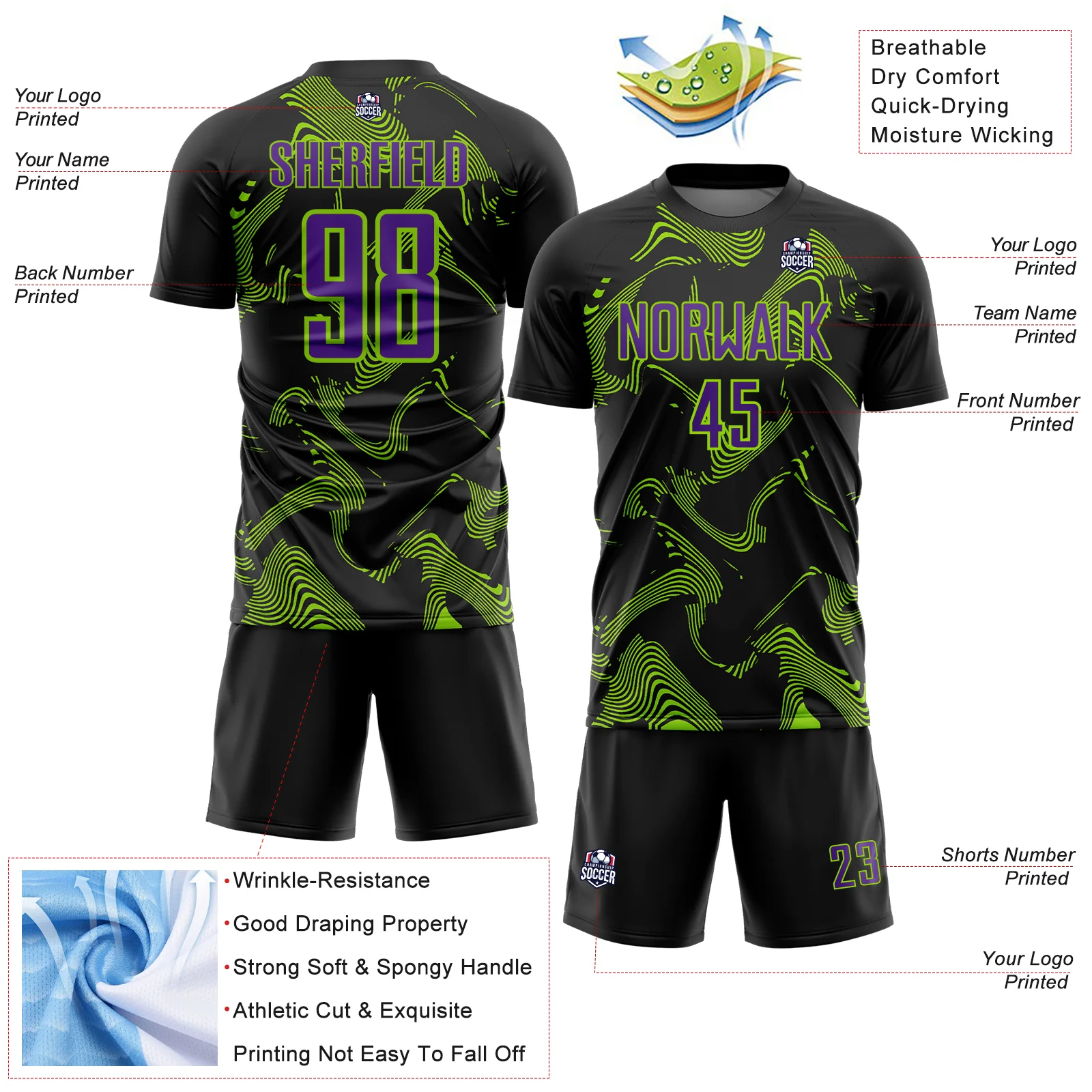 Custom Black Purple-Neon Green Curve Lines Sports Sublimation Soccer Uniform Jersey - Image 4