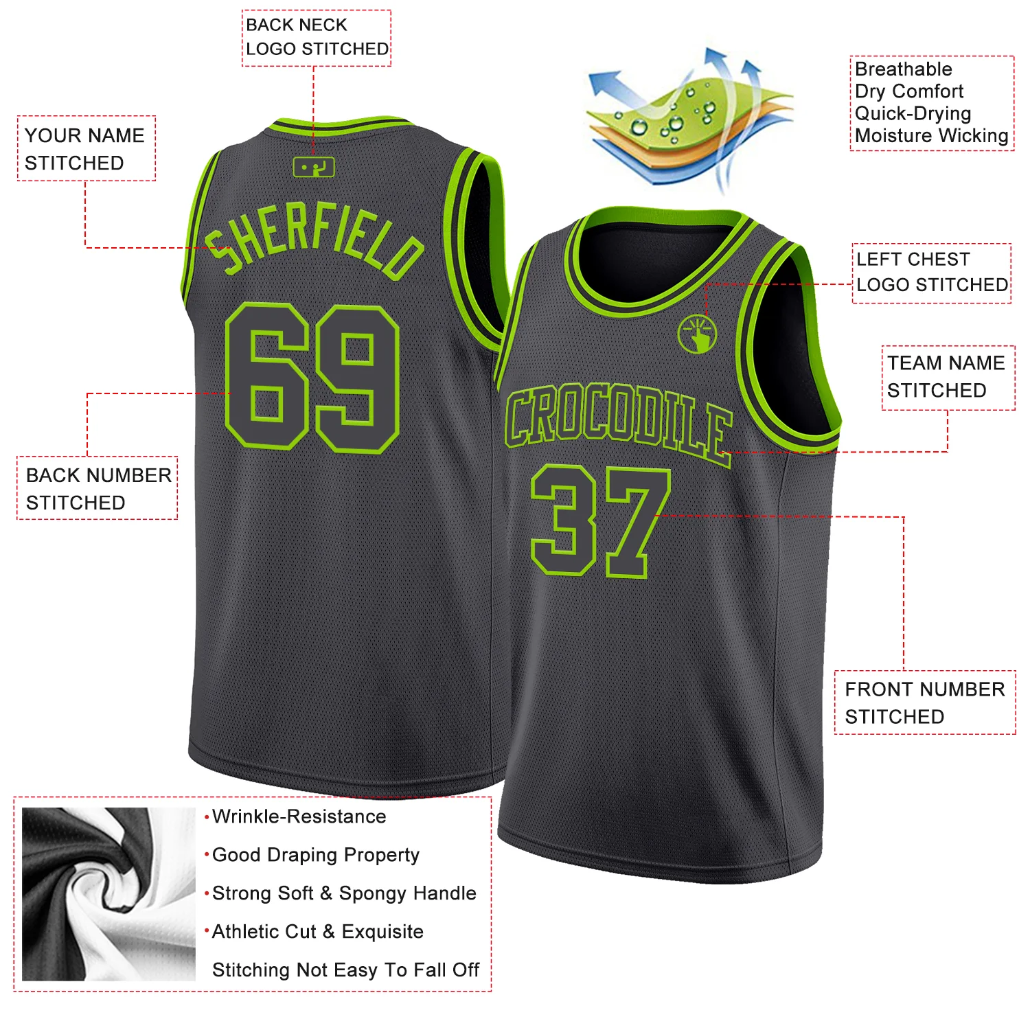 Custom Steel Gray Neon Green Authentic Basketball Jersey - Image 2
