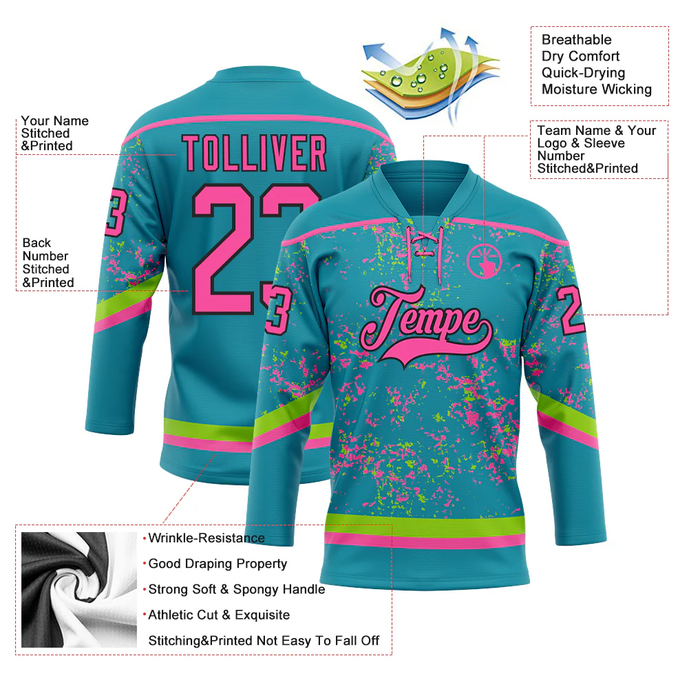 Custom Teal Pink Neon Green-Black 3D Pattern Fragment Art Hockey Lace Neck Jersey - Image 3