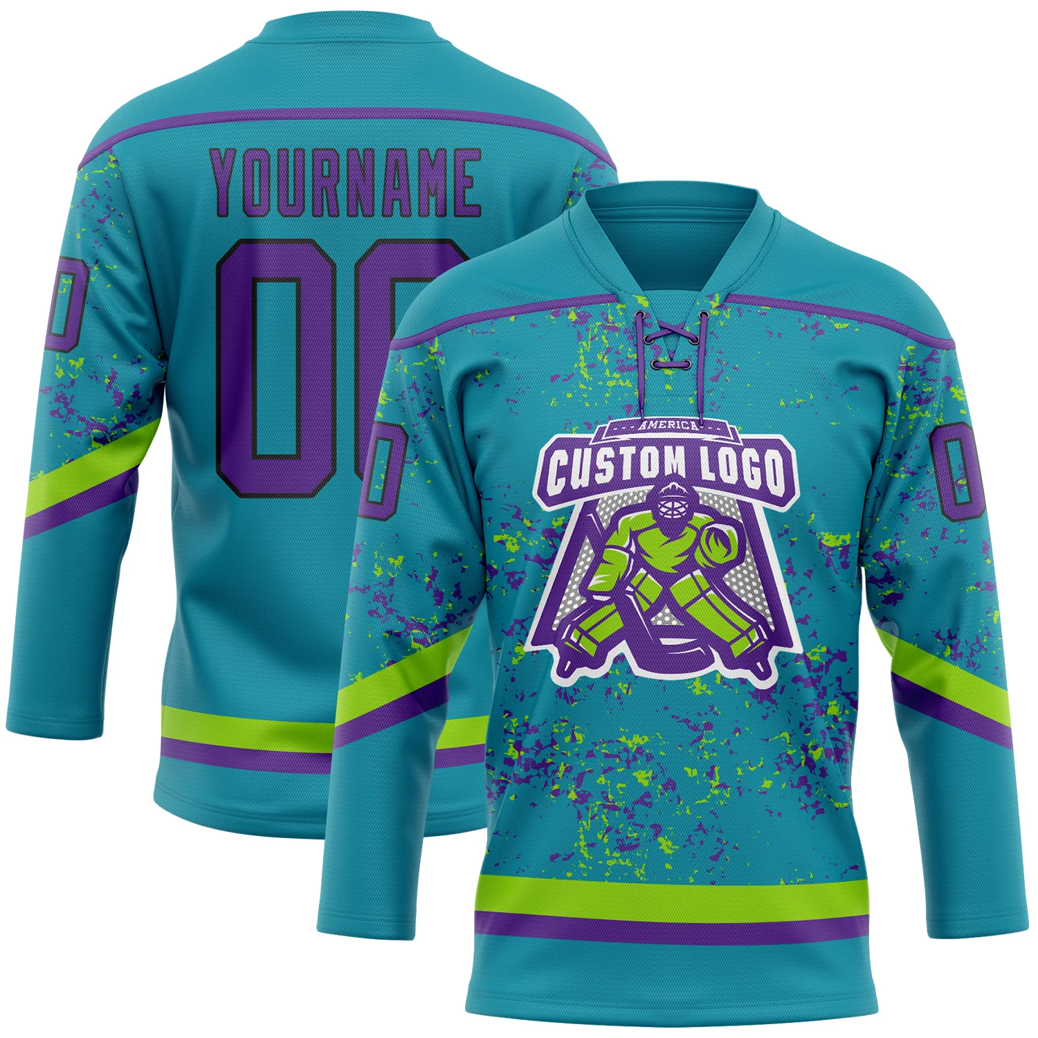 Custom Teal Purple Neon Green-Black 3D Pattern Fragment Art Hockey Lace Neck Jersey - Image 2
