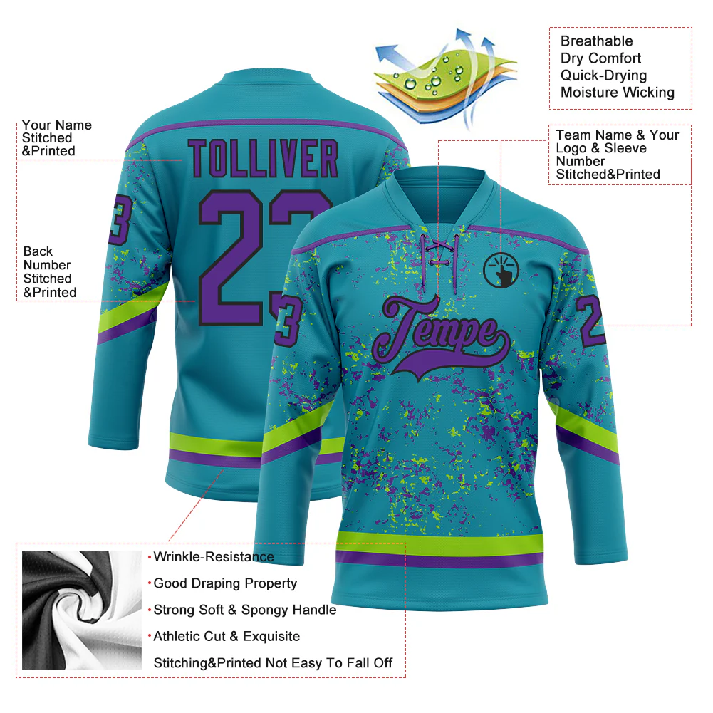 Custom Teal Purple Neon Green-Black 3D Pattern Fragment Art Hockey Lace Neck Jersey - Image 3
