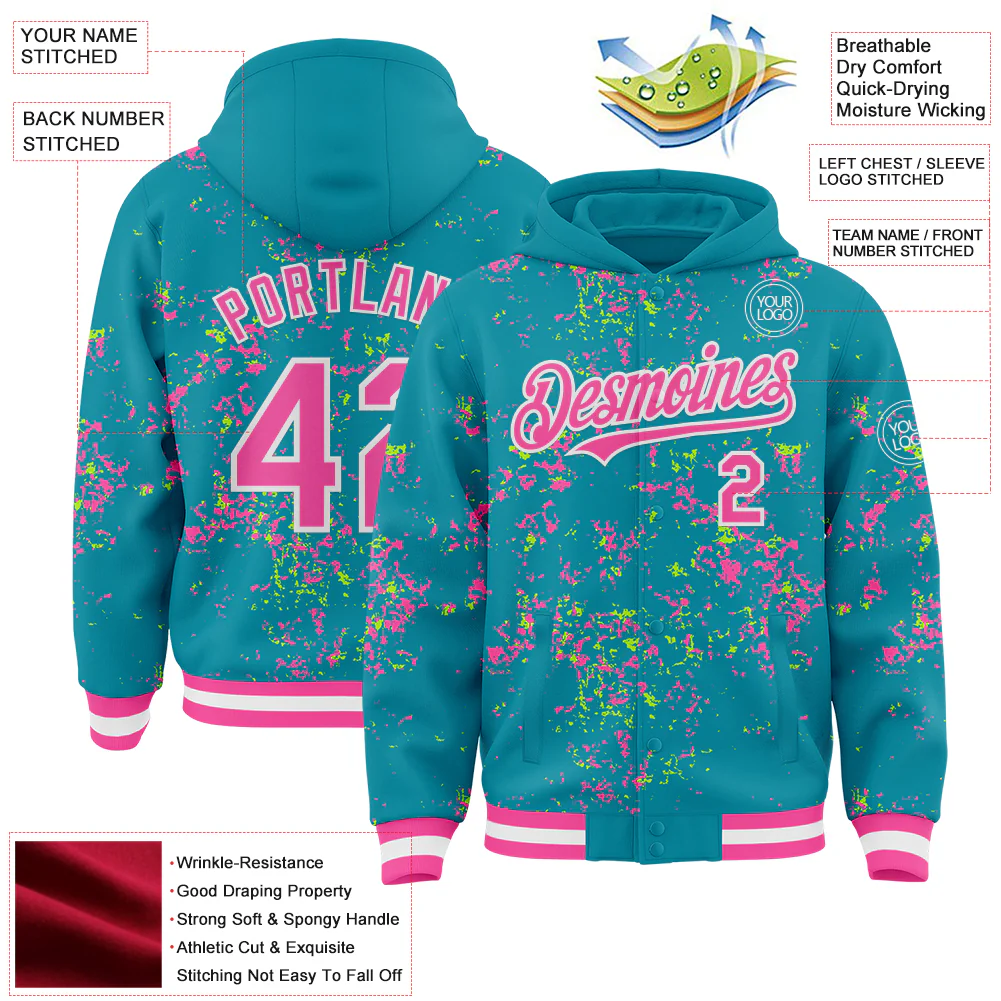 Custom Teal Pink Neon Green-White Fragment Pattern Bomber Full-Snap Varsity Letterman Hoodie Jacket - Image 4