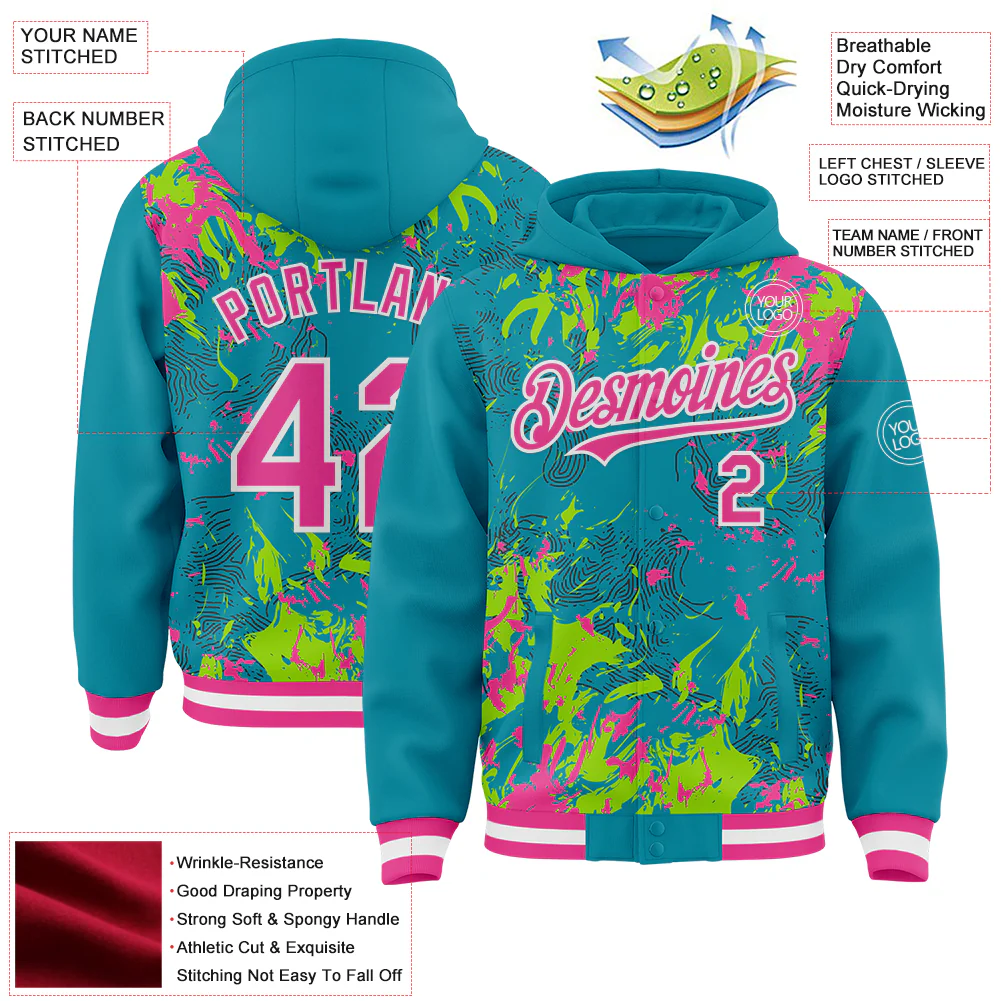 Custom Teal Pink Neon Green-White Splash Bomber Full-Snap Varsity Letterman Hoodie Jacket - Image 4