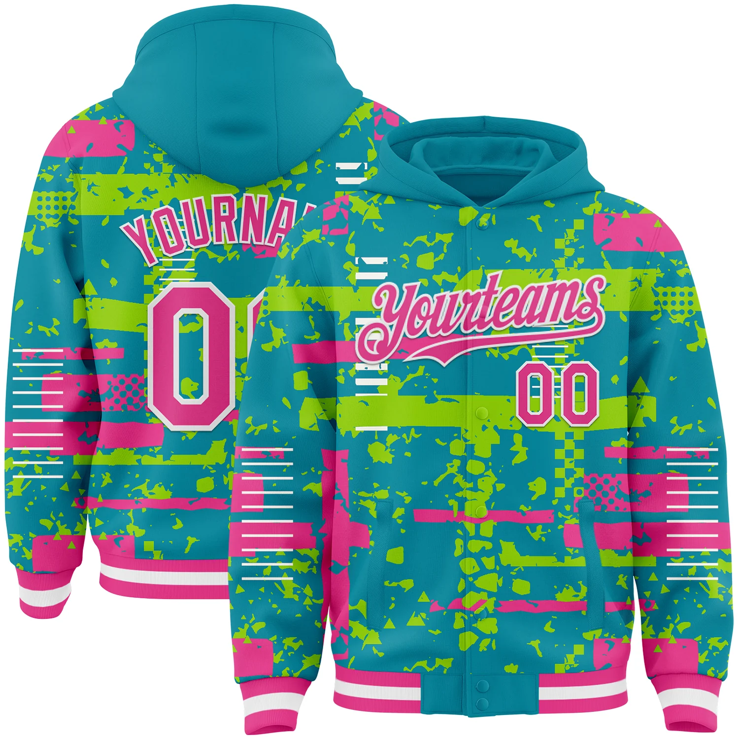 Custom Teal Pink Neon Green-White Abstract Fragment Shape Bomber Full-Snap Varsity Letterman Hoodie Jacket