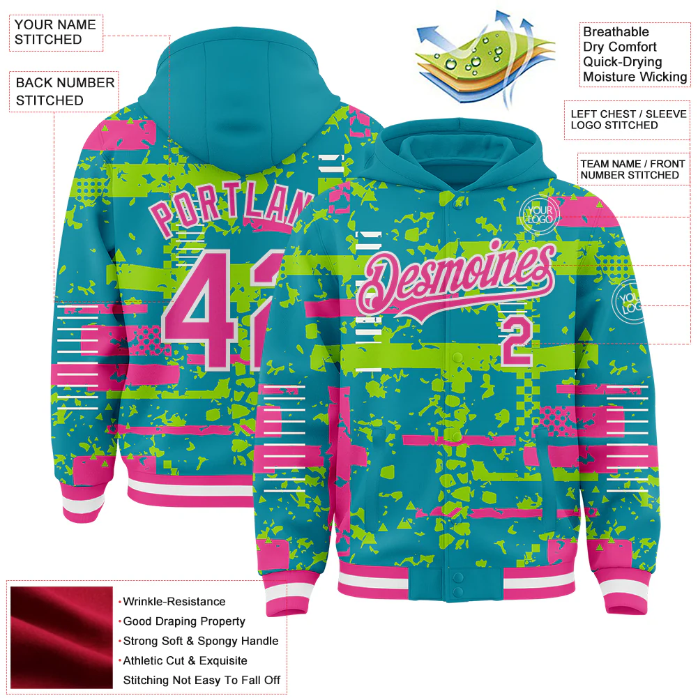 Custom Teal Pink Neon Green-White Abstract Fragment Shape Bomber Full-Snap Varsity Letterman Hoodie Jacket - Image 4