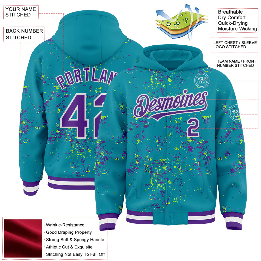 Custom Teal Purple Neon Green-White Fragment Pattern Bomber Full-Snap Varsity Letterman Hoodie Jacket - Image 4