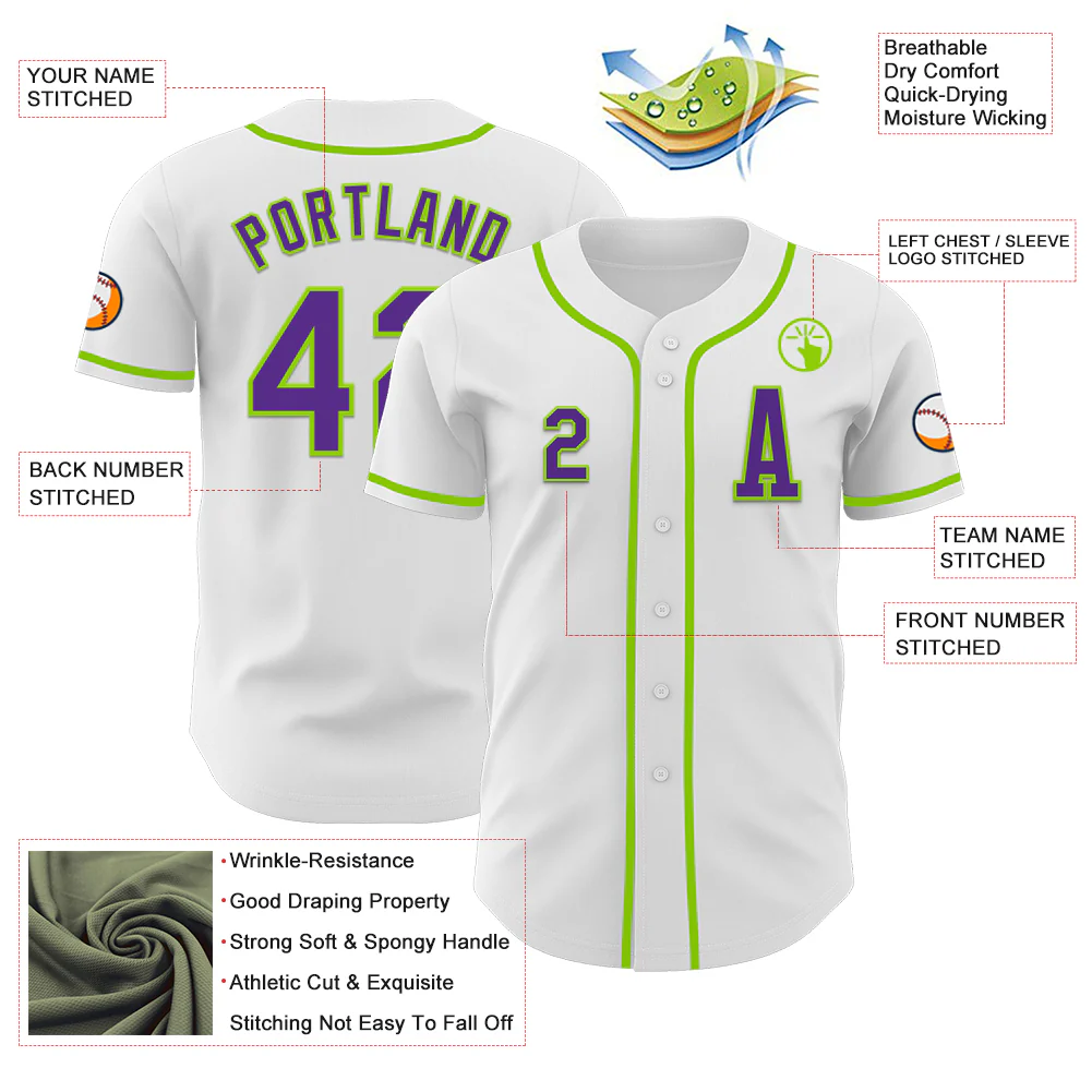 Custom White Purple-Neon Green Authentic Baseball Jersey - Image 2