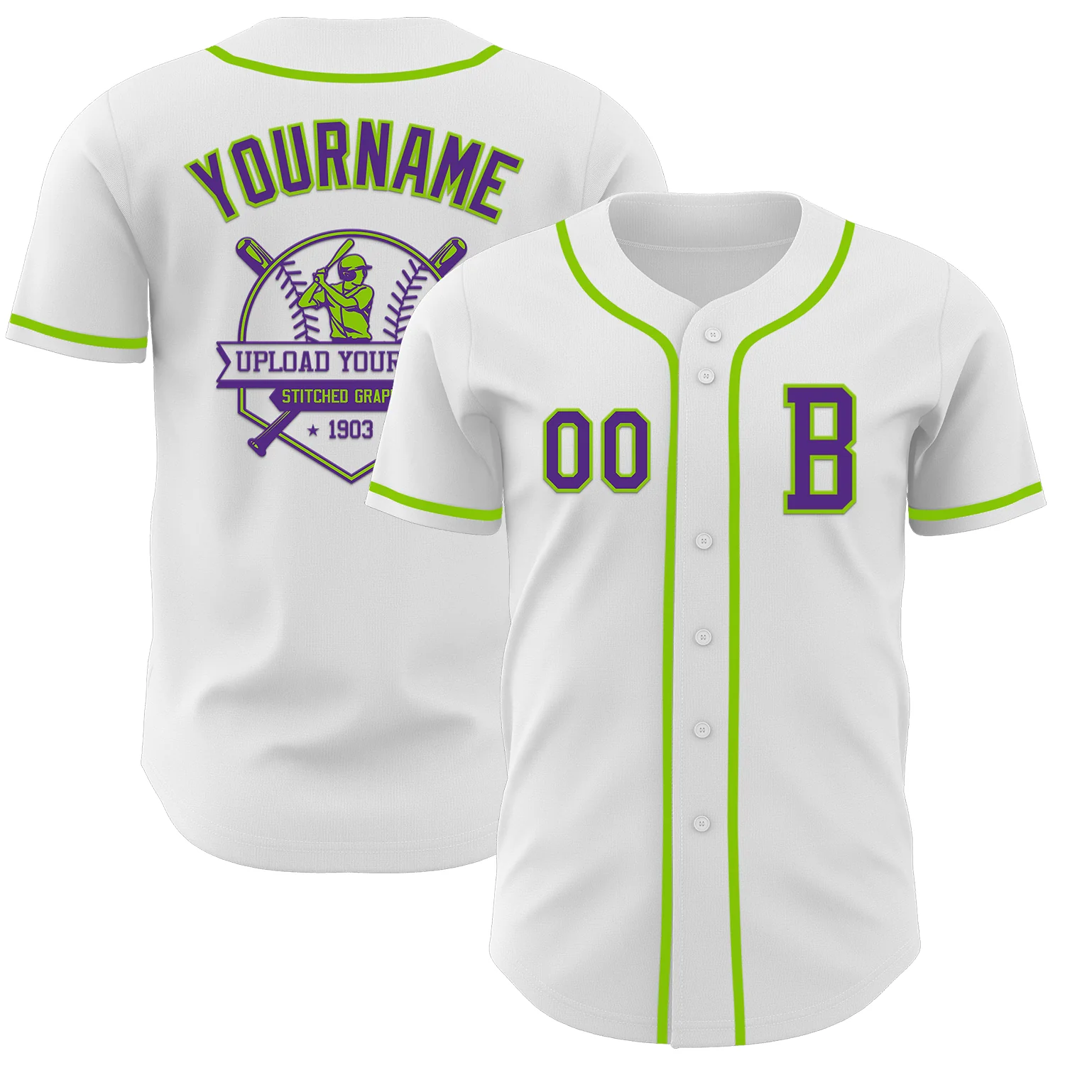 Custom White Purple-Neon Green Authentic Baseball Jersey - Image 5