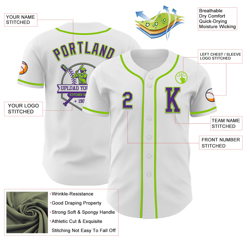 Custom White Purple-Neon Green Authentic Baseball Jersey - Image 6