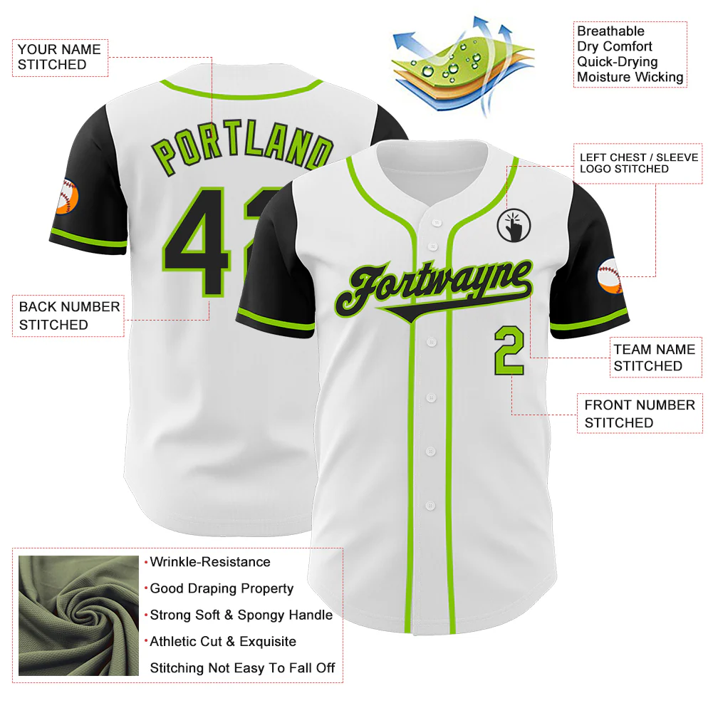 Custom White Black-Neon Green Authentic Two Tone Baseball Jersey - Image 3