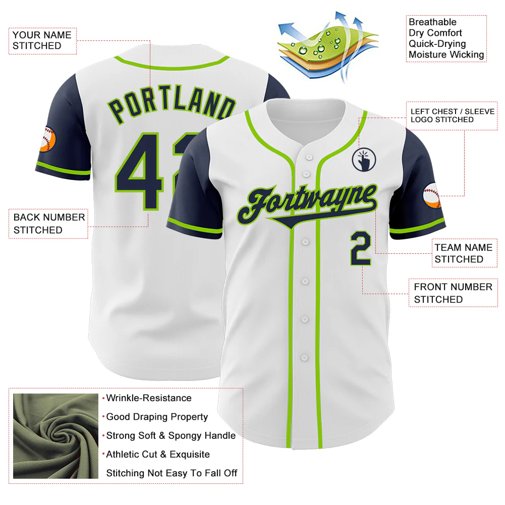 Custom White Navy-Neon Green Authentic Two Tone Baseball Jersey - Image 3