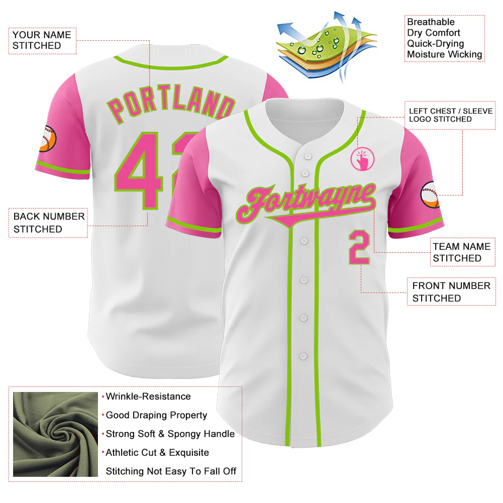 Custom White Pink-Neon Green Authentic Two Tone Baseball Jersey - Image 3