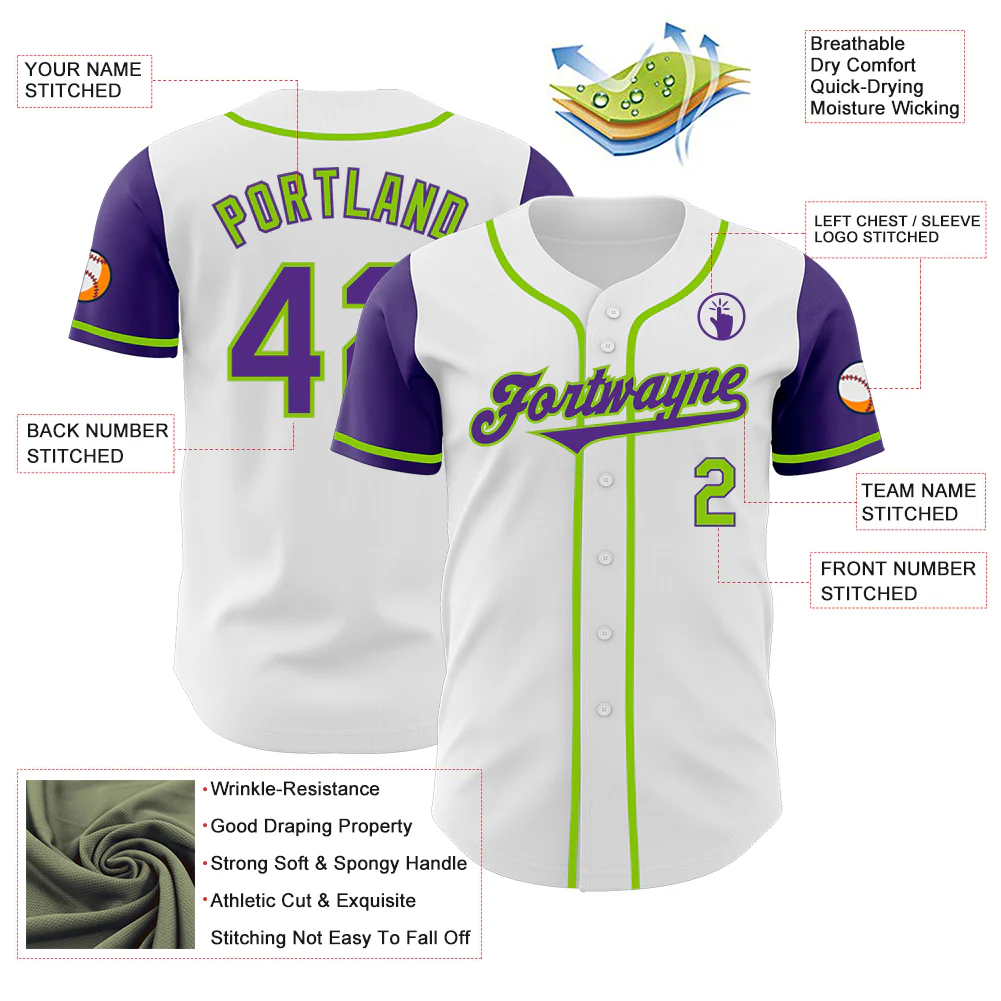 Custom White Purple-Neon Green Authentic Two Tone Baseball Jersey - Image 3