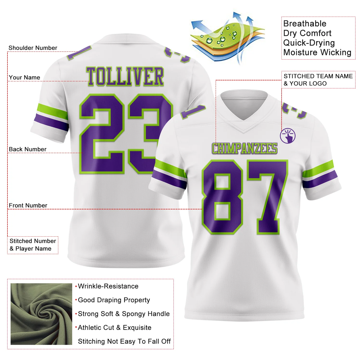 Custom White Purple-Neon Green Authentic Football Jersey - Image 3
