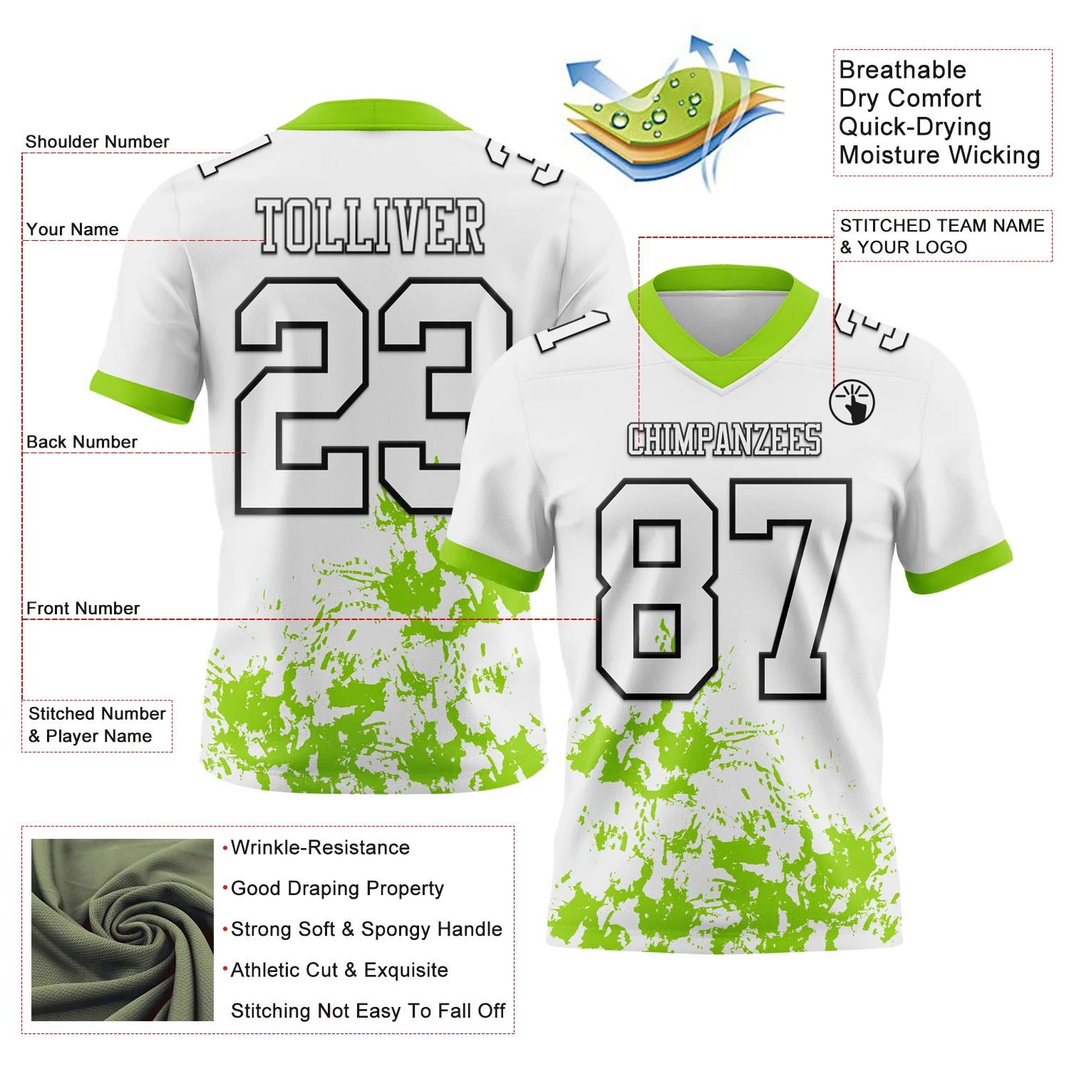 Custom White Neon Green-Black 3D Pattern Splash Authentic Football Jersey - Image 3