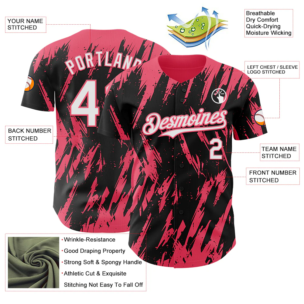 Custom Black White-Neon Pink Splatter Torn Sharp Brush Stroke Authentic Baseball Jersey - Image 3