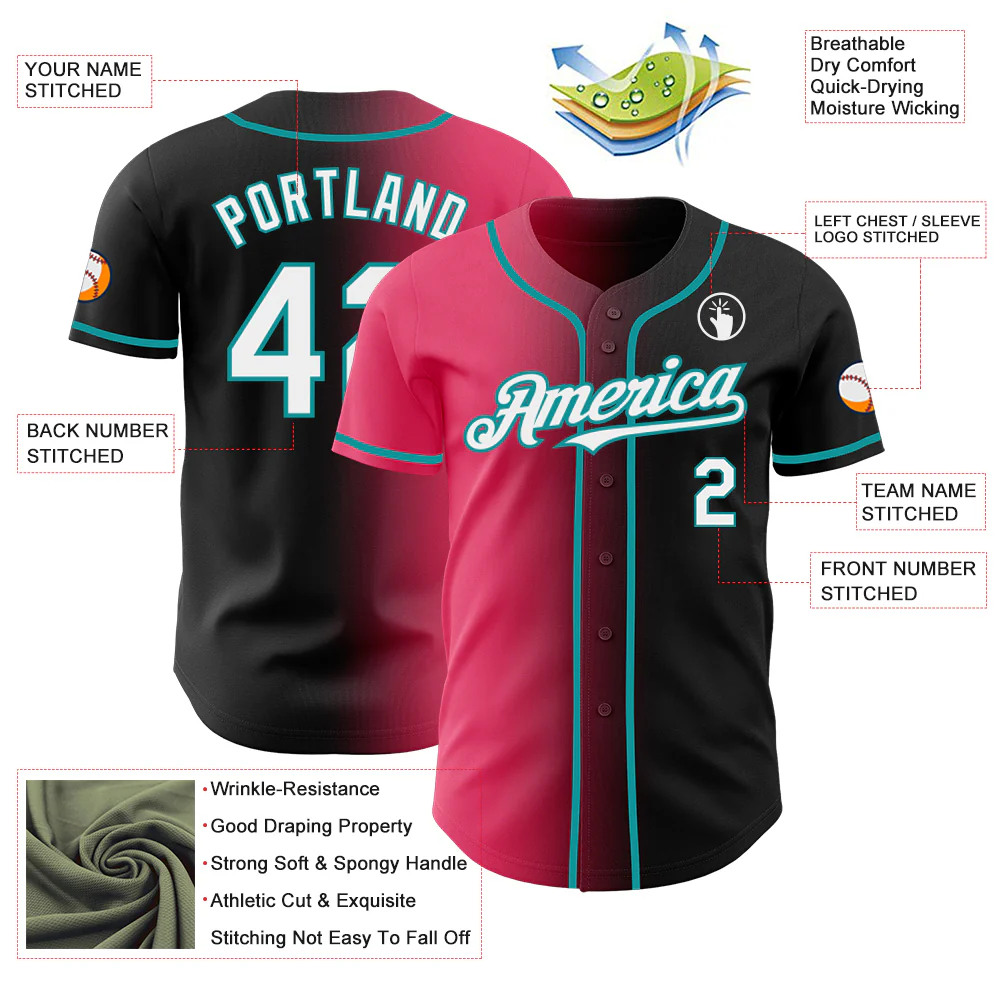 Custom Black White Neon Pink-Teal Authentic Gradient Fashion Baseball Jersey - Image 3