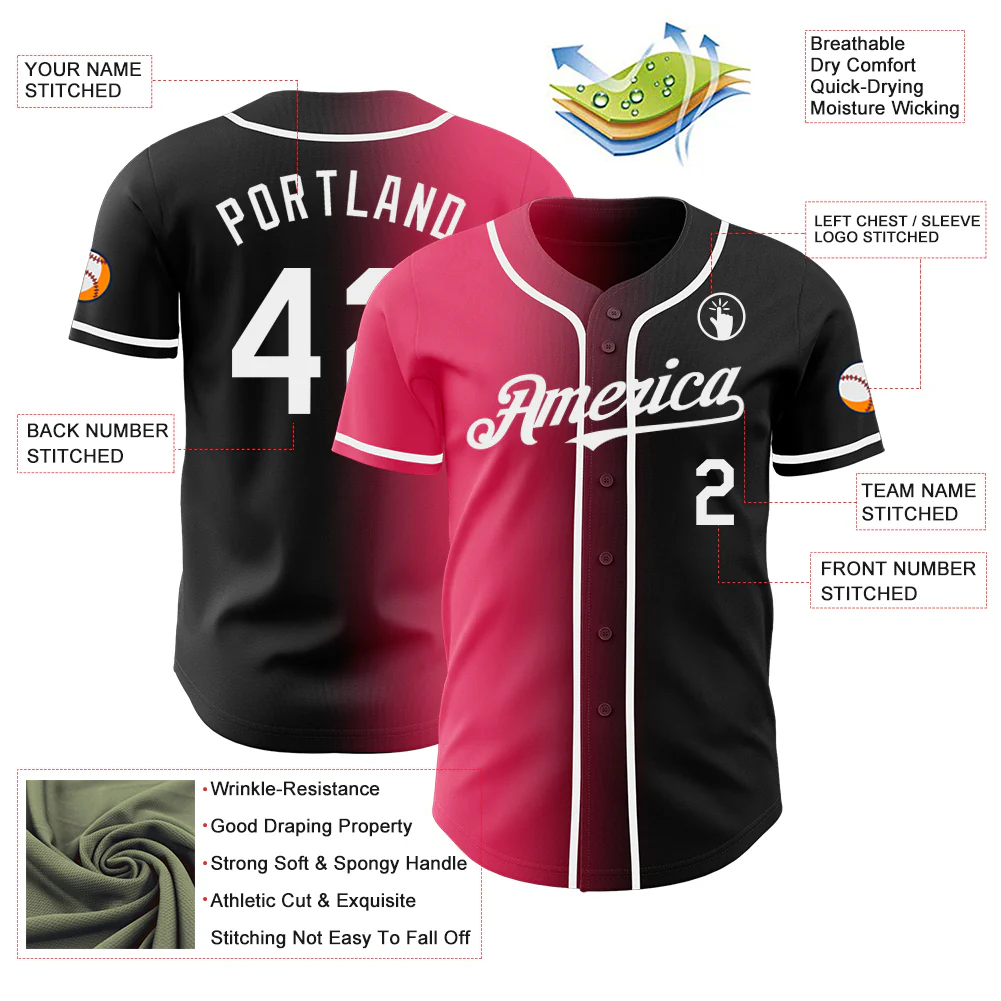 Custom Black White-Neon Pink Authentic Gradient Fashion Baseball Jersey - Image 3