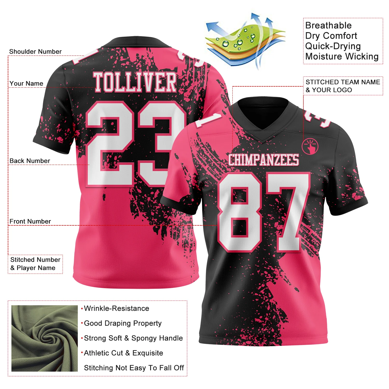Custom Black White-Neon Pink 3D Pattern Abstract Brush Stroke Authentic Football Jersey - Image 2