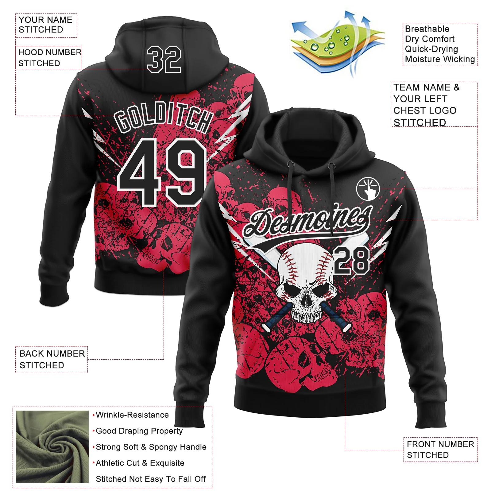 Custom Stitched Black Neon Pink-White Skull Pattern Pullover Sweatshirt Hoodie - Image 4
