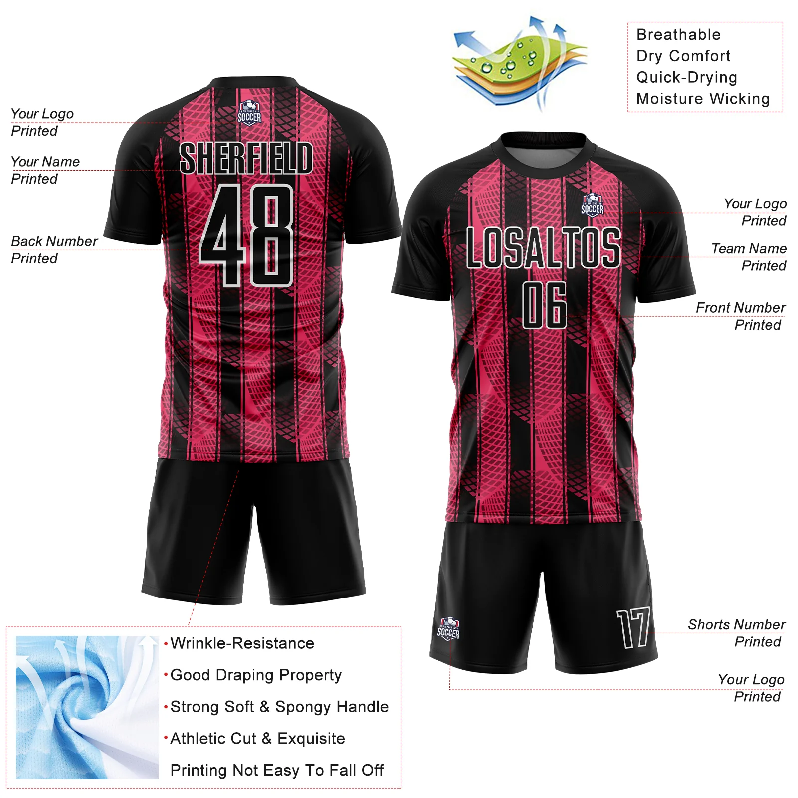 Custom Black Neon Pink-White Abstract Network Sublimation Soccer Uniform Jersey - Image 4