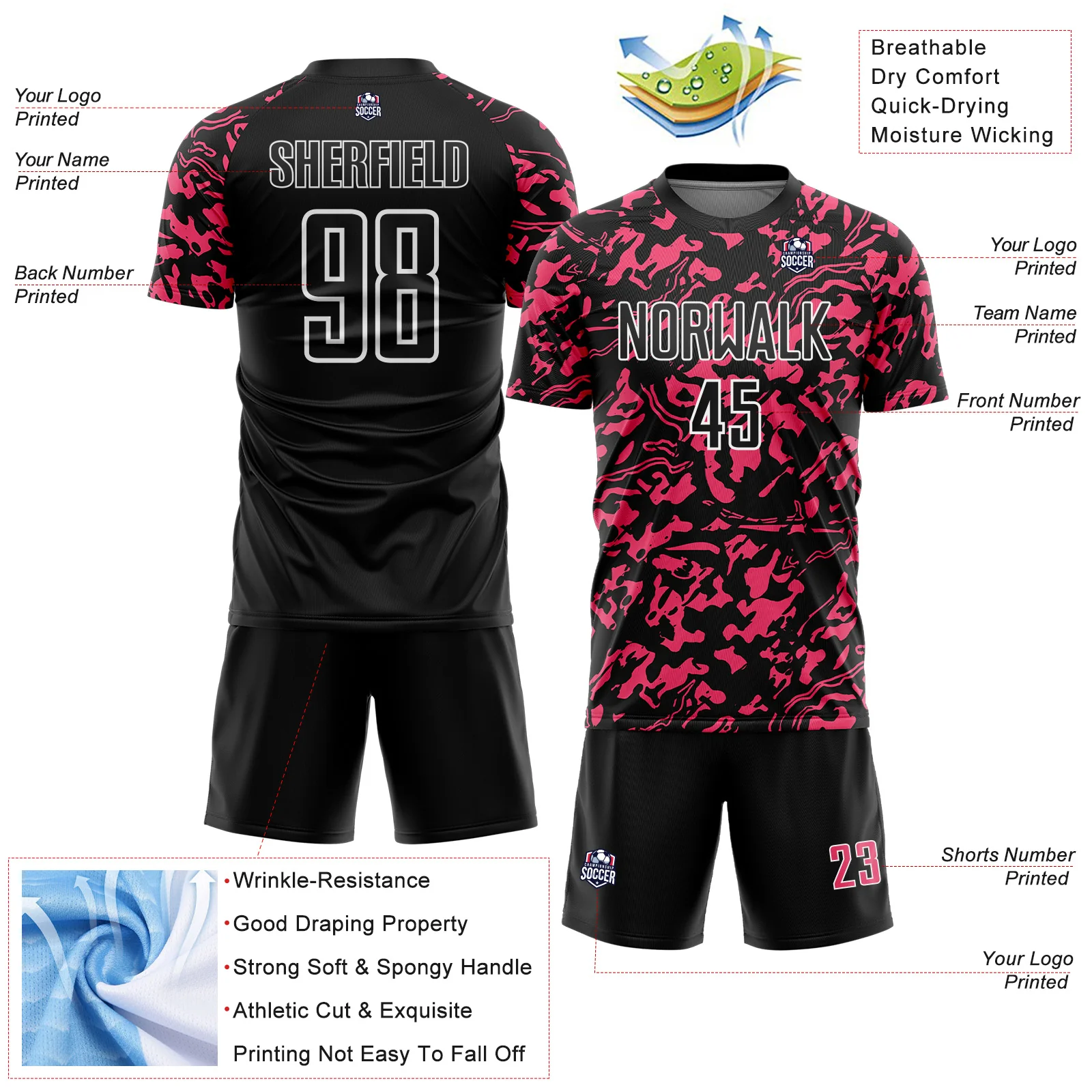 Custom Black Neon Pink-White Liquid Fluid Pattern Sports Sublimation Soccer Uniform Jersey - Image 4