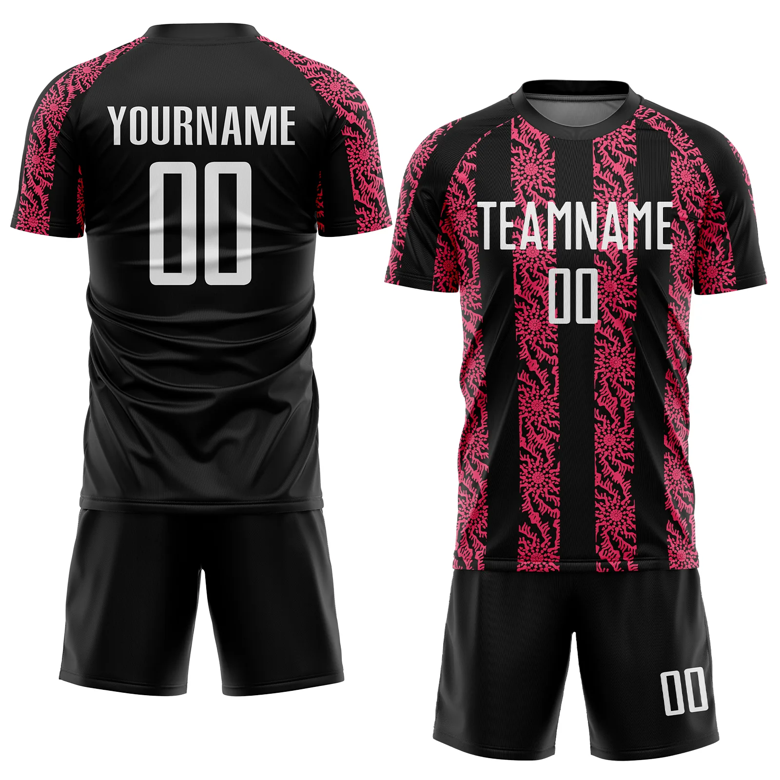 Custom Black White-Neon Pink Abstract Shape Sublimation Soccer Uniform Jersey - Image 2