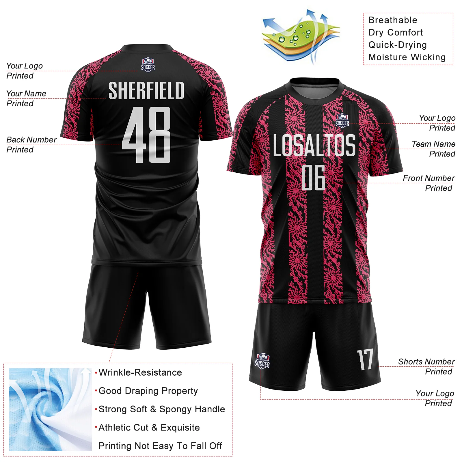 Custom Black White-Neon Pink Abstract Shape Sublimation Soccer Uniform Jersey - Image 4
