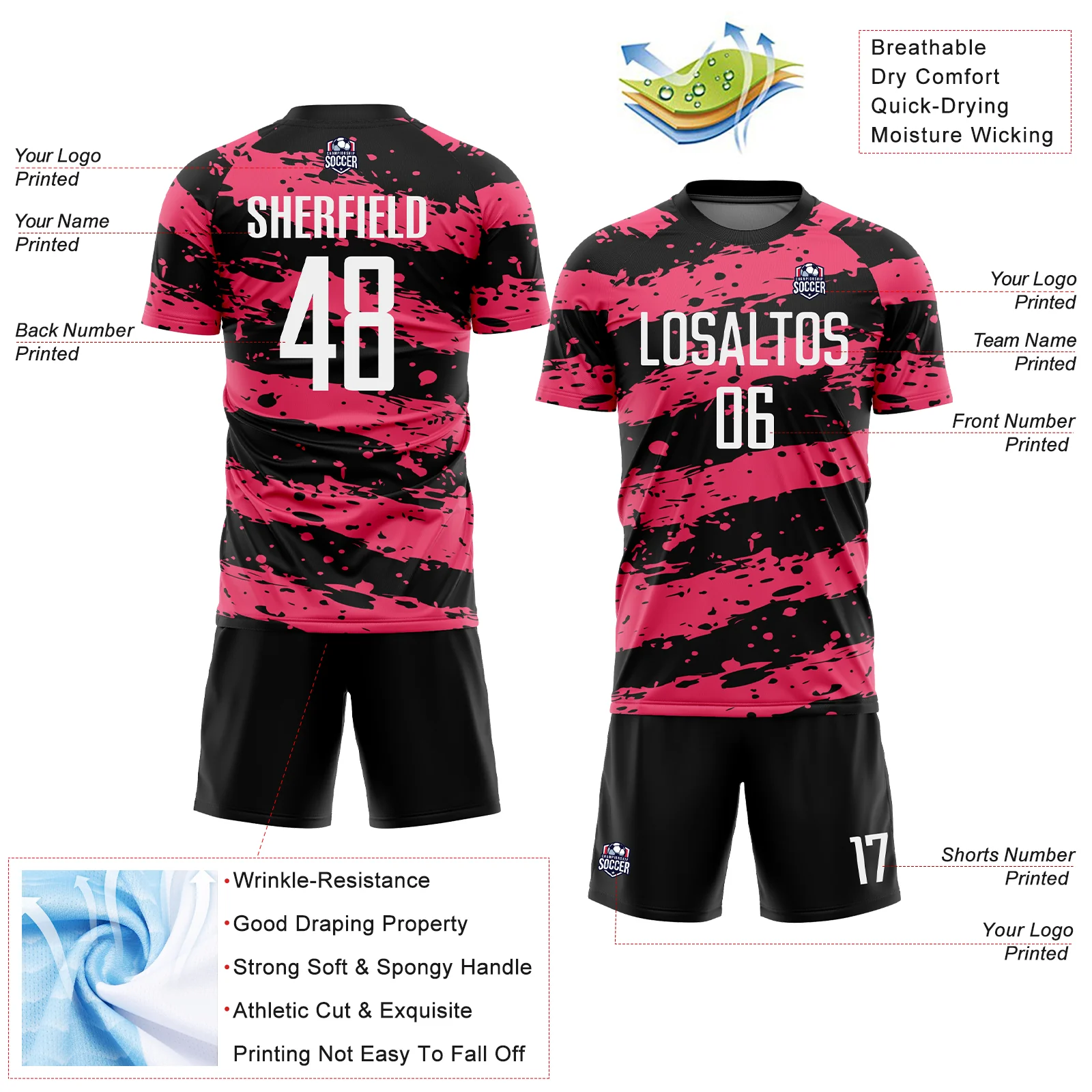 Custom Black White-Neon Pink Splash Sublimation Soccer Uniform Jersey - Image 4