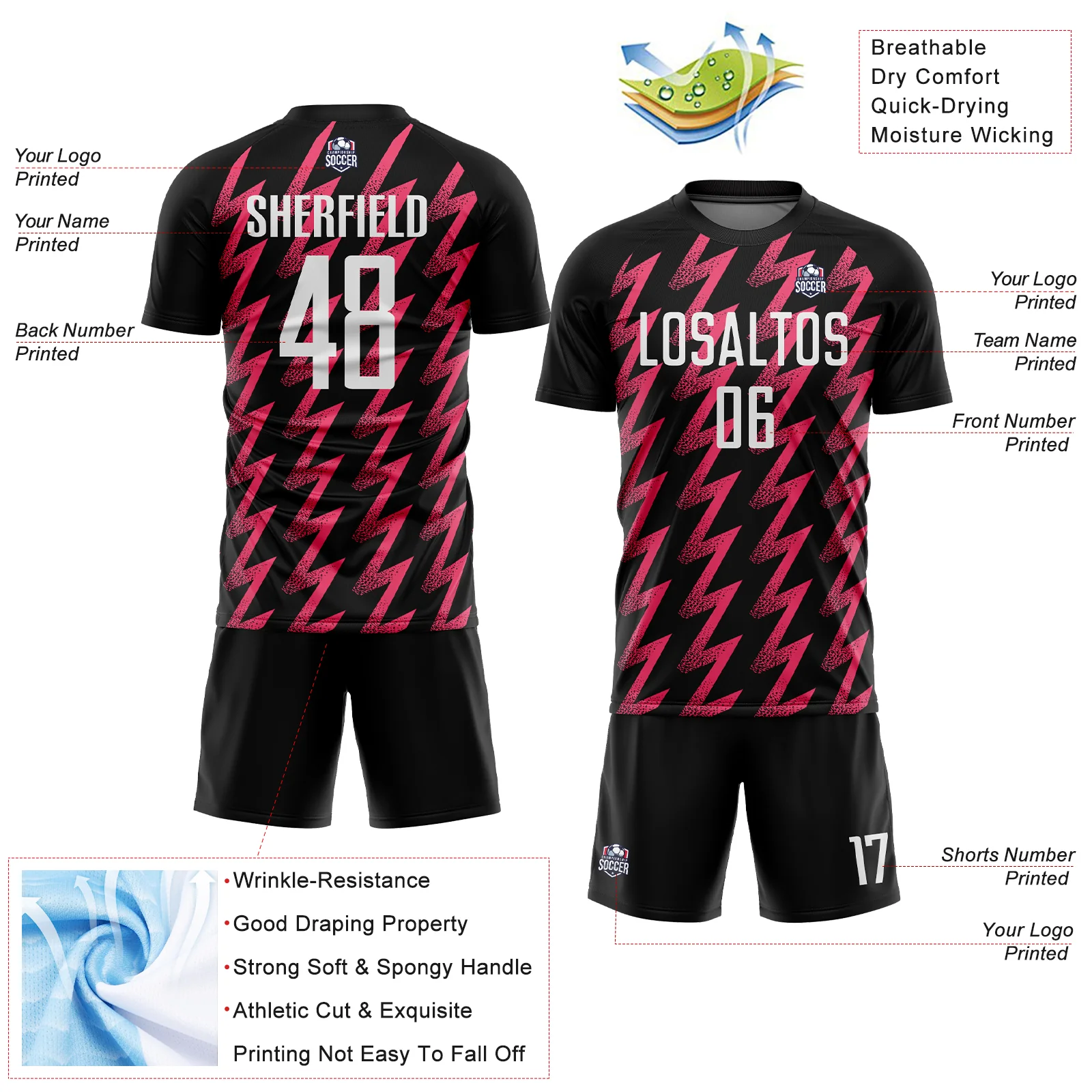Custom Black White-Neon Pink Zigzag Shape Sublimation Soccer Uniform Jersey - Image 4