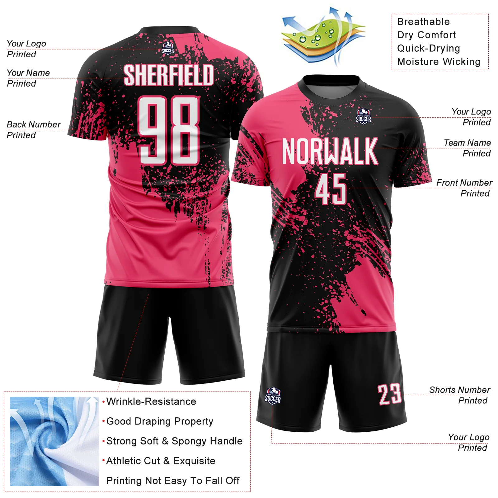 Custom Black White-Neon Pink Abstract Brush Stroke Sports Sublimation Soccer Uniform Jersey - Image 4