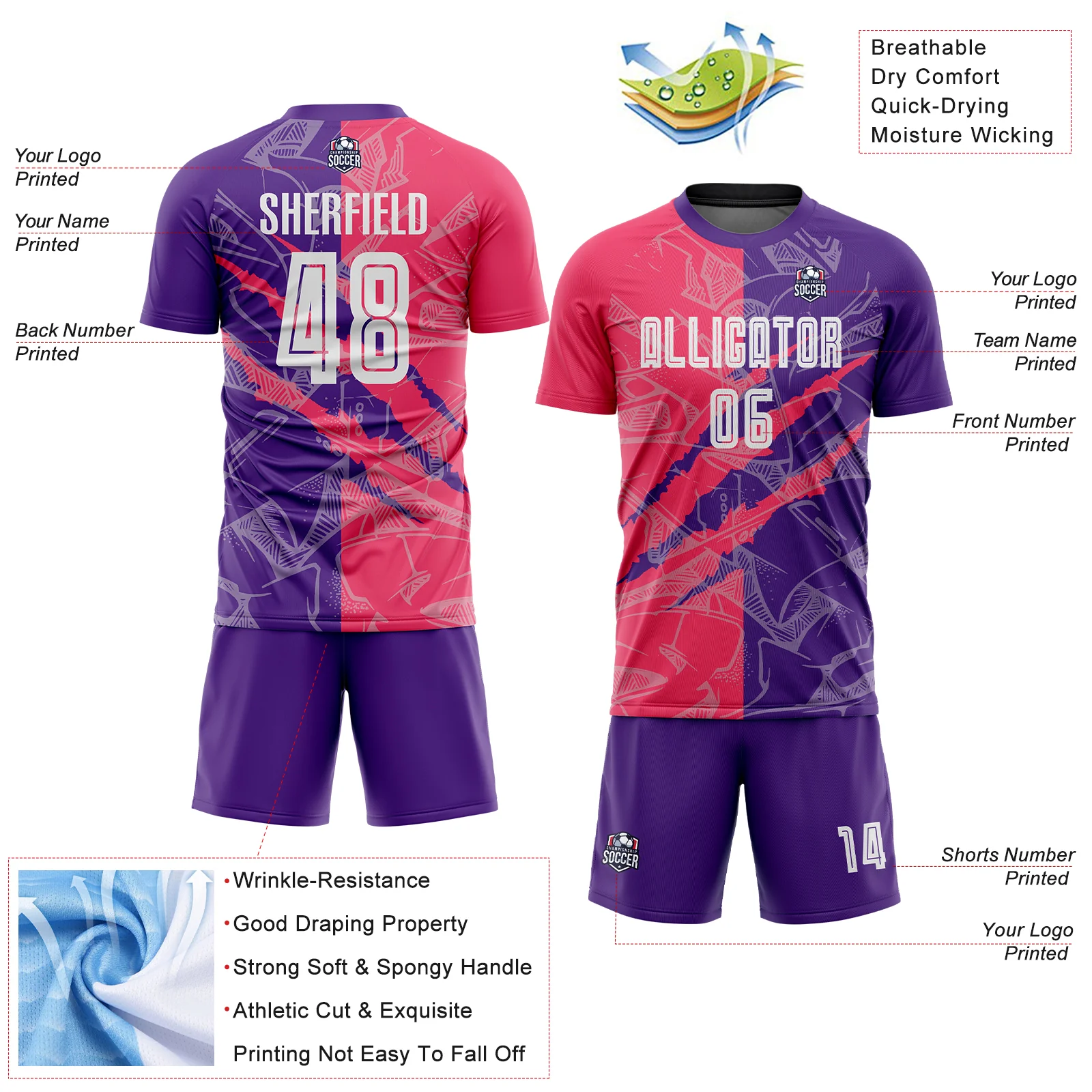 Custom Graffiti Pattern Neon Pink-Purple Scratch Sublimation Soccer Uniform Jersey - Image 4